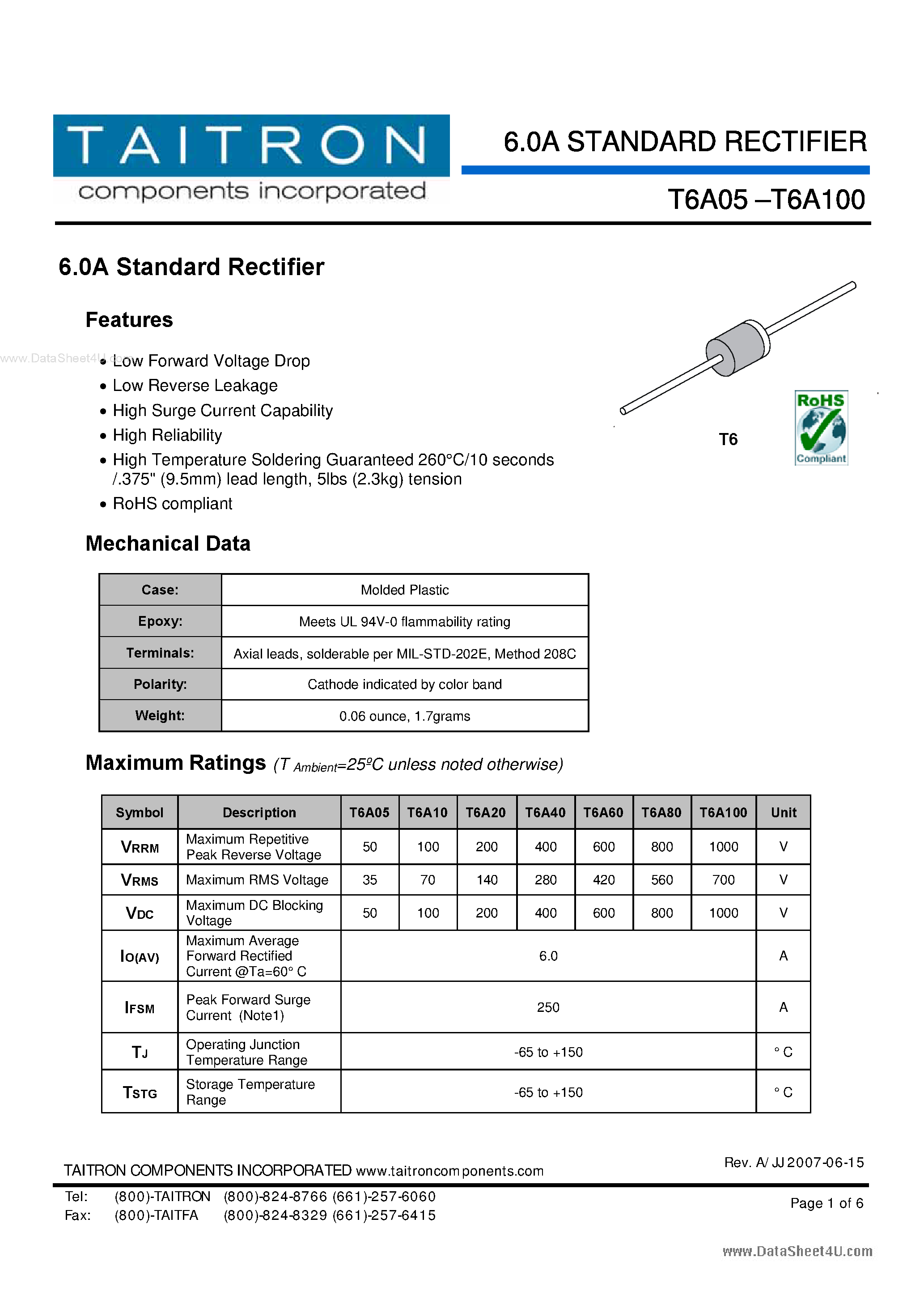 Datasheet T6A05 - (T6A05 - T6A100) 6.0A Standard Rectifier page 1