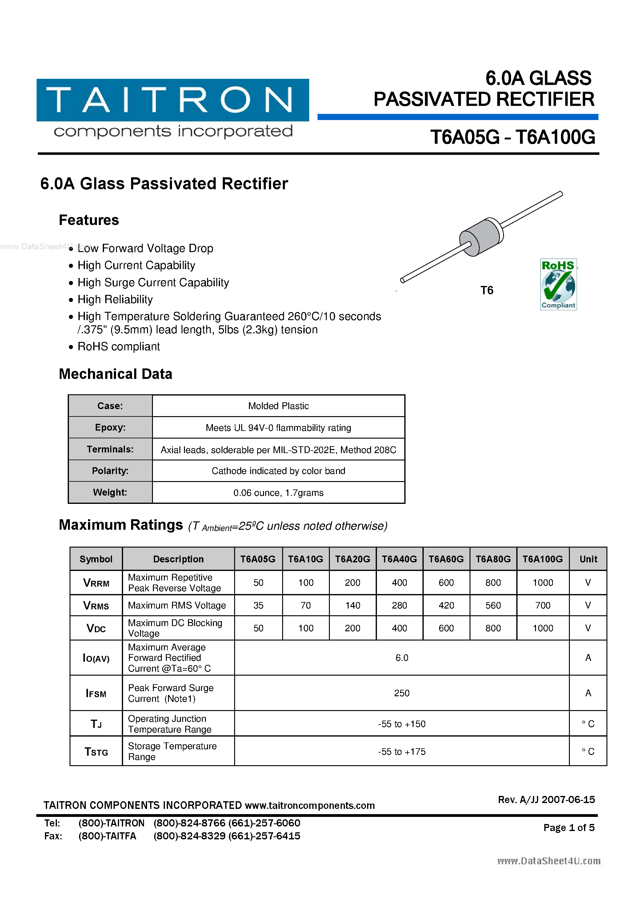Datasheet T6A05G - (T6A05G - T6A100G) 6.0A Glass Passivated Rectifier page 1