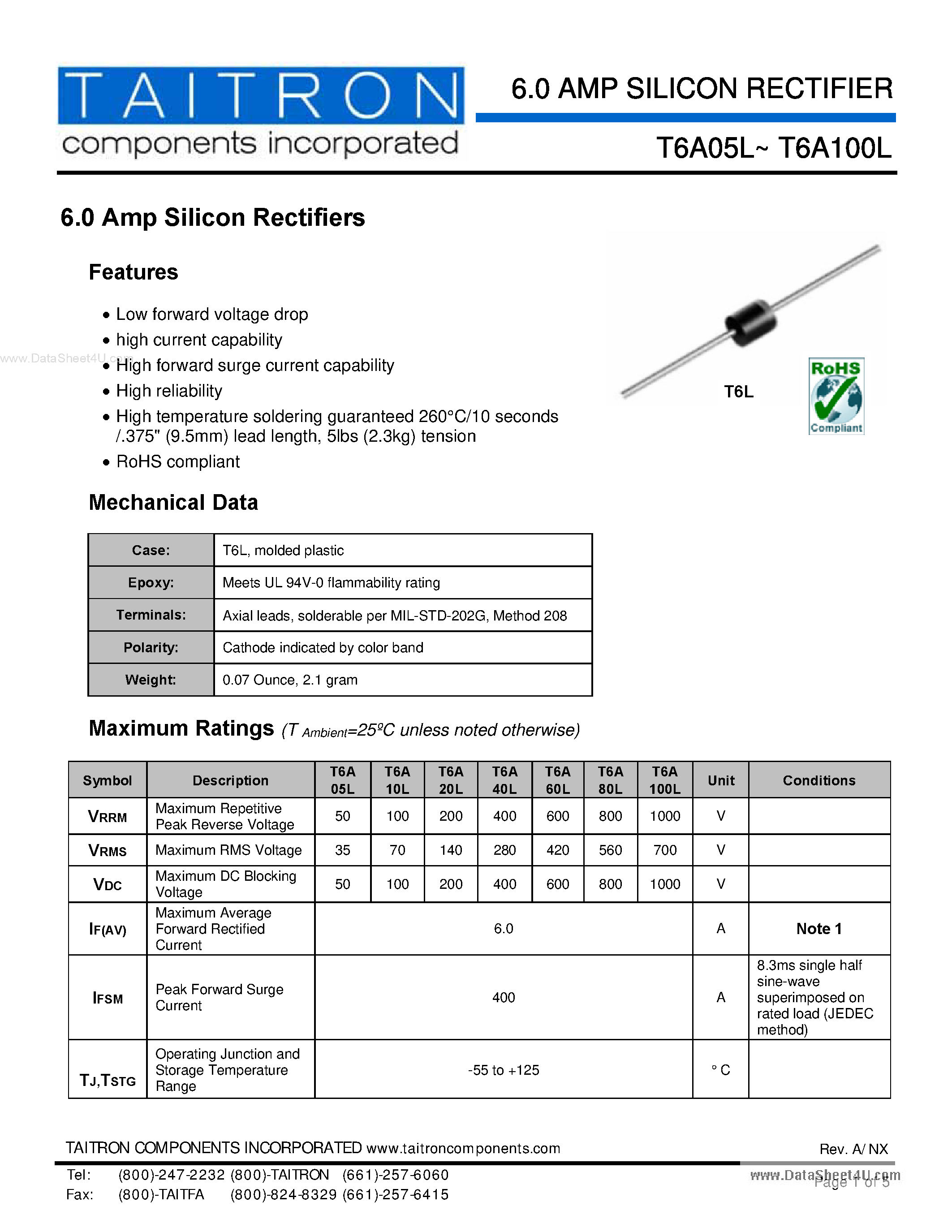 Datasheet T6A05L - (T6A05L - T6A100L) 6.0 Amp Silicon Rectifiers page 1