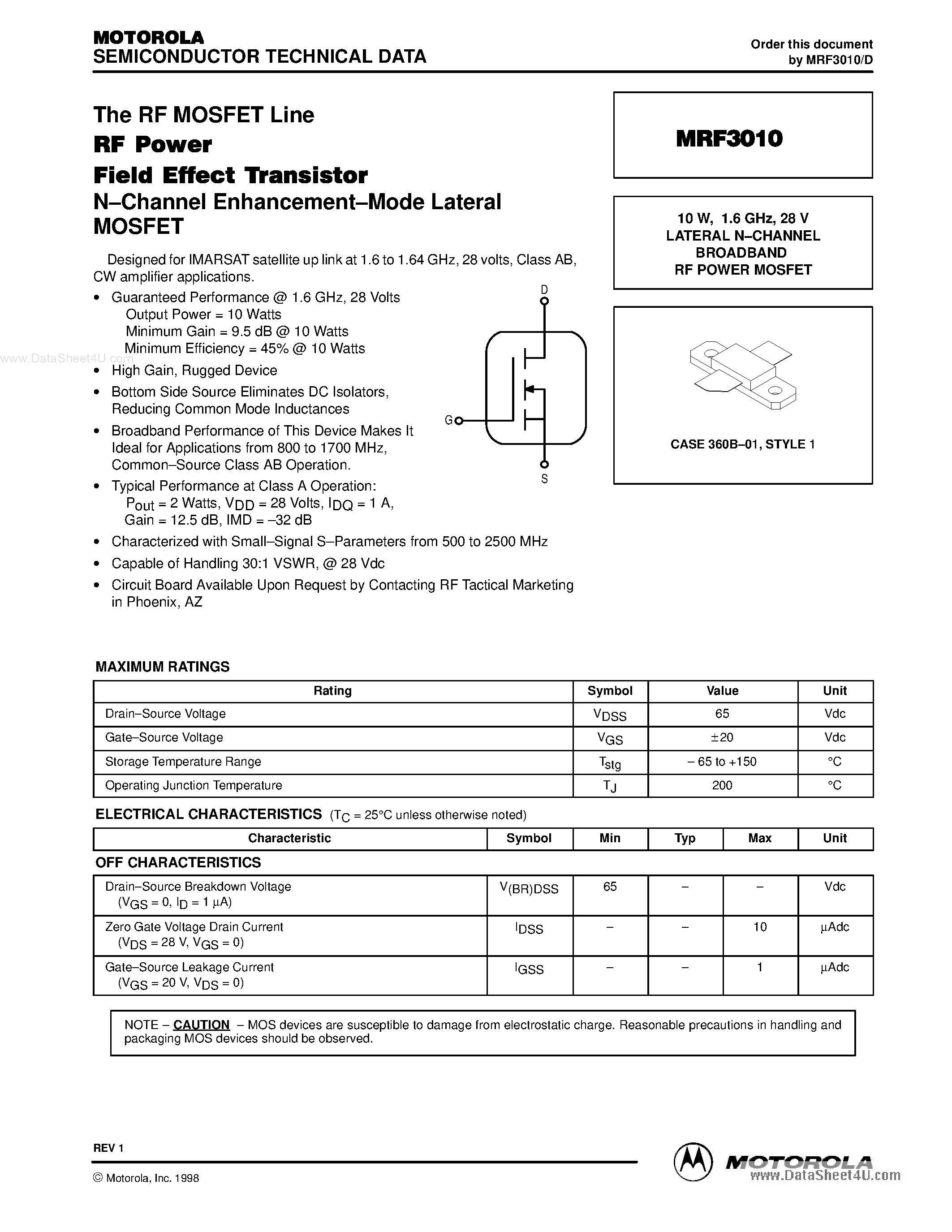 Datasheet MRF3010 - LATERAL N-CHANNEL BROADBAND RF POWER MOSFET page 1