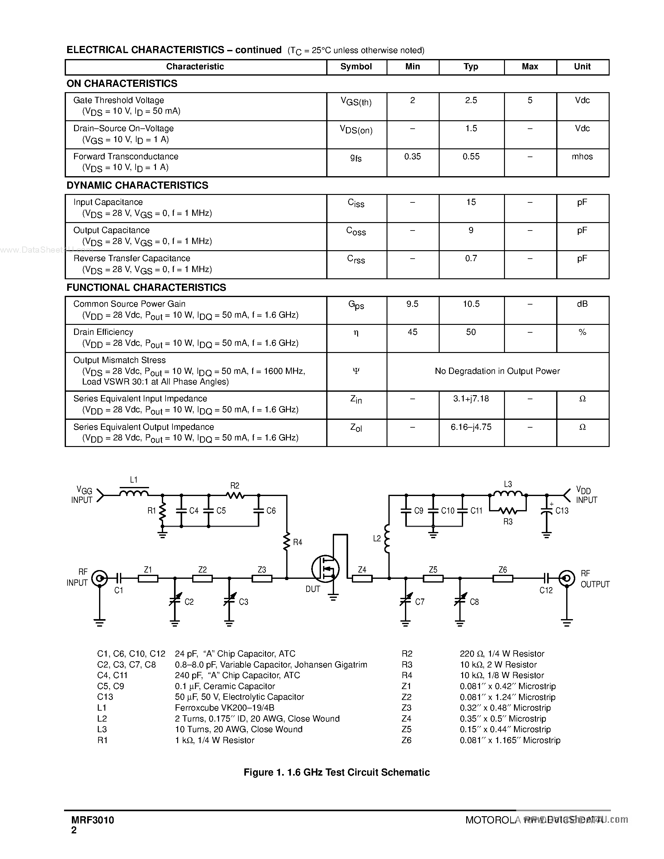 Datasheet MRF3010 - LATERAL N-CHANNEL BROADBAND RF POWER MOSFET page 2