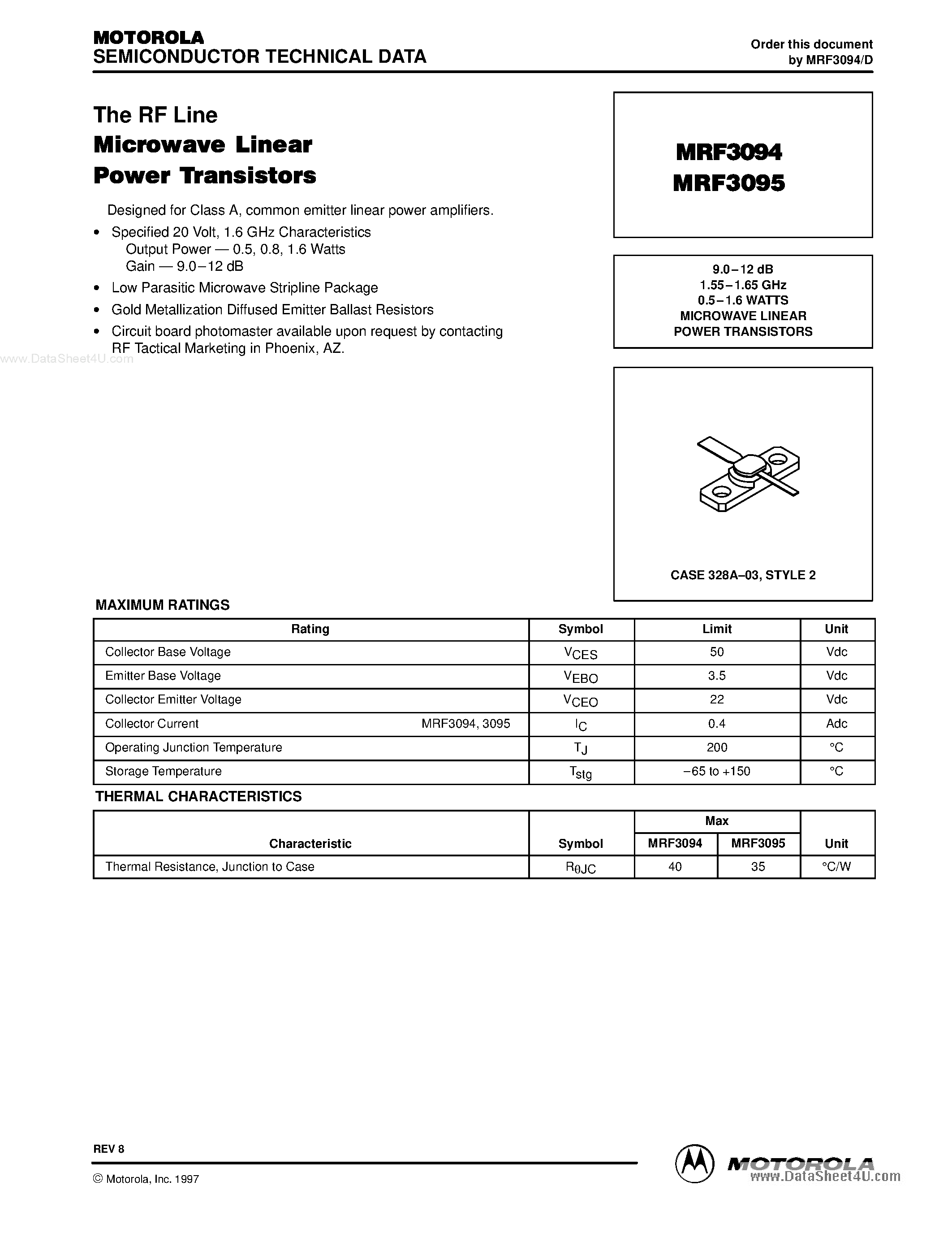 Datasheet MRF3094 page 1 Datasheet MRF3094 - (MRF3094 / MRF3095) MICROWAVE LINEAR POWER TRANSISTORS page 1