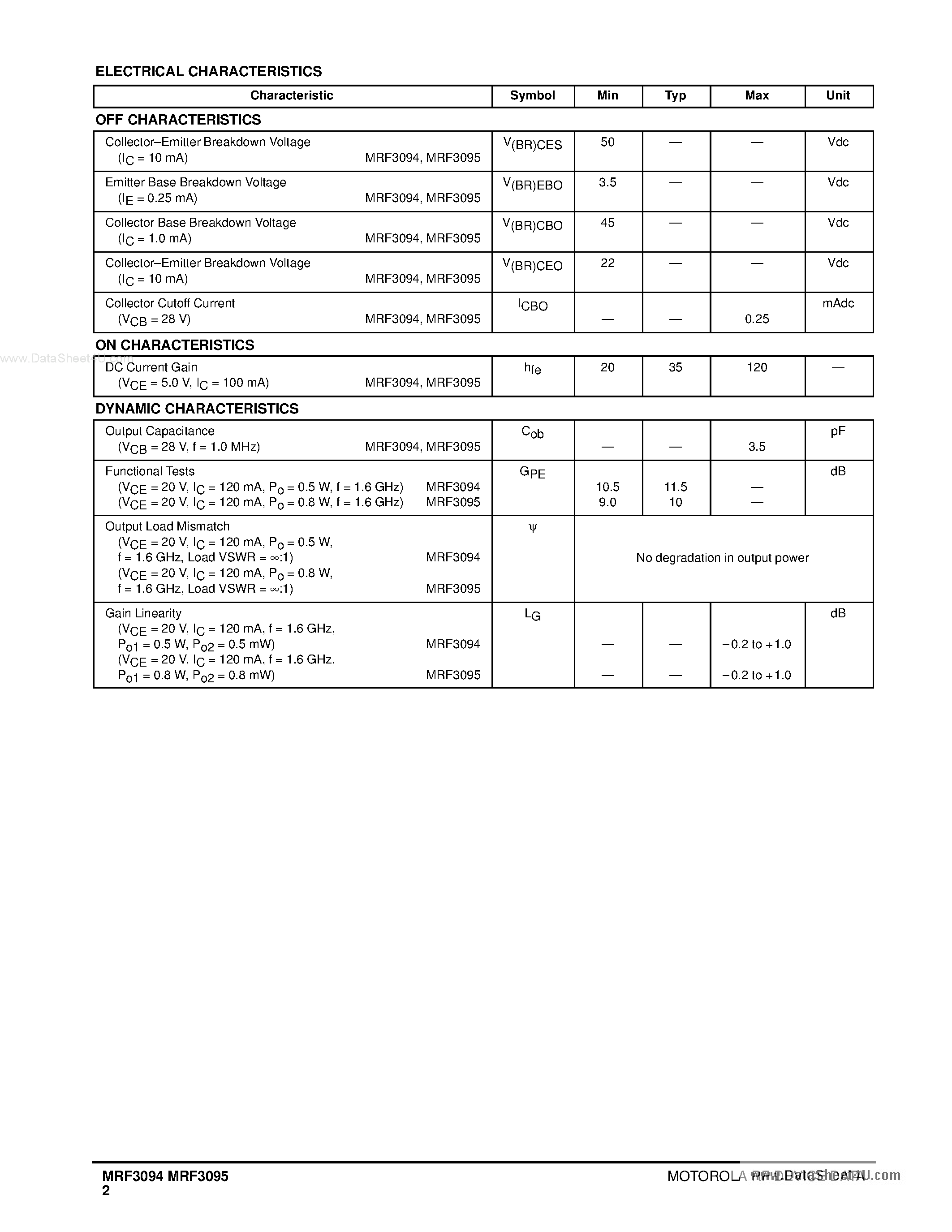 Datasheet MRF3094 page 2 Datasheet MRF3094 - (MRF3094 / MRF3095) MICROWAVE LINEAR POWER TRANSISTORS page 2