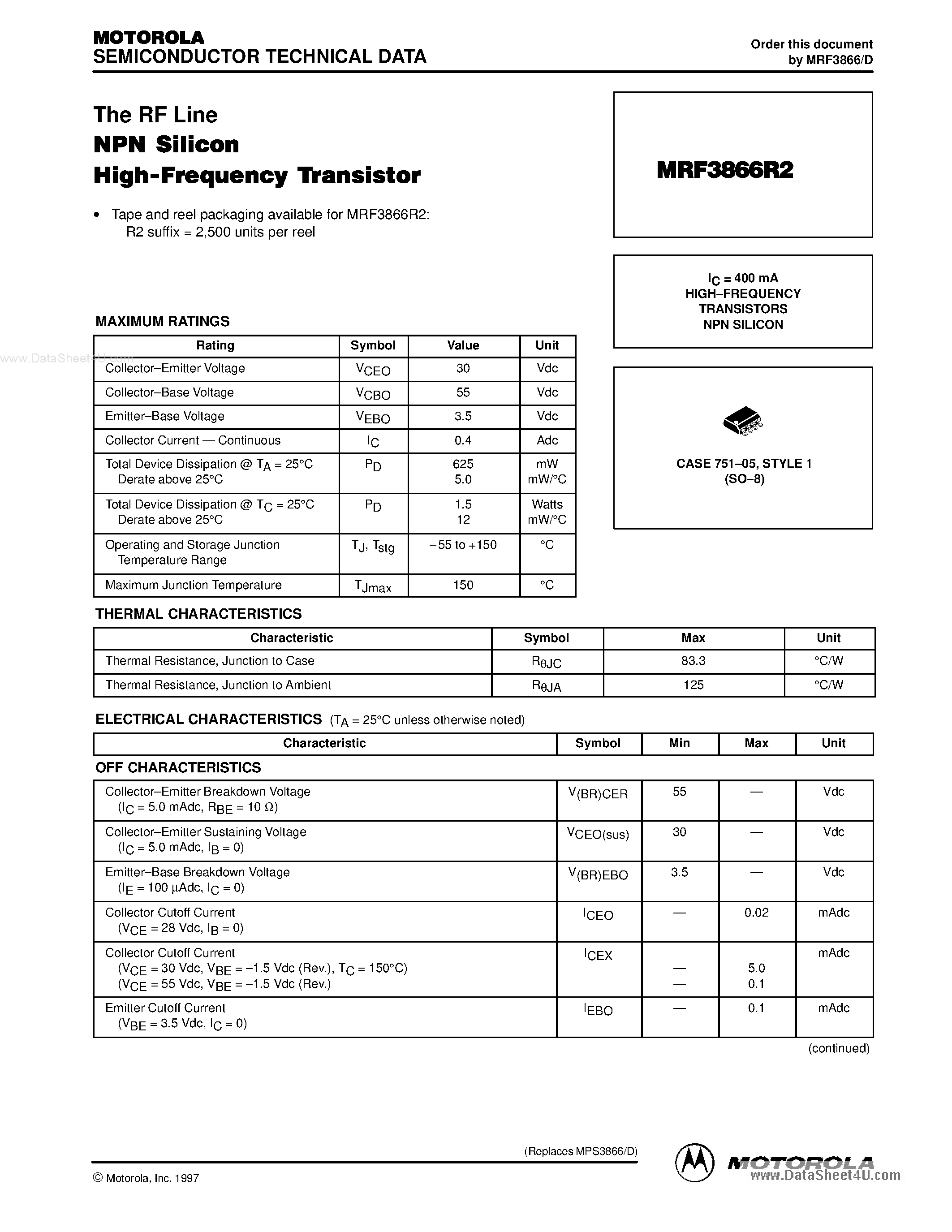 Datasheet MRF3866R2 - HIGH-FREQUENCY TRANSISTORS NPN SILICON page 1