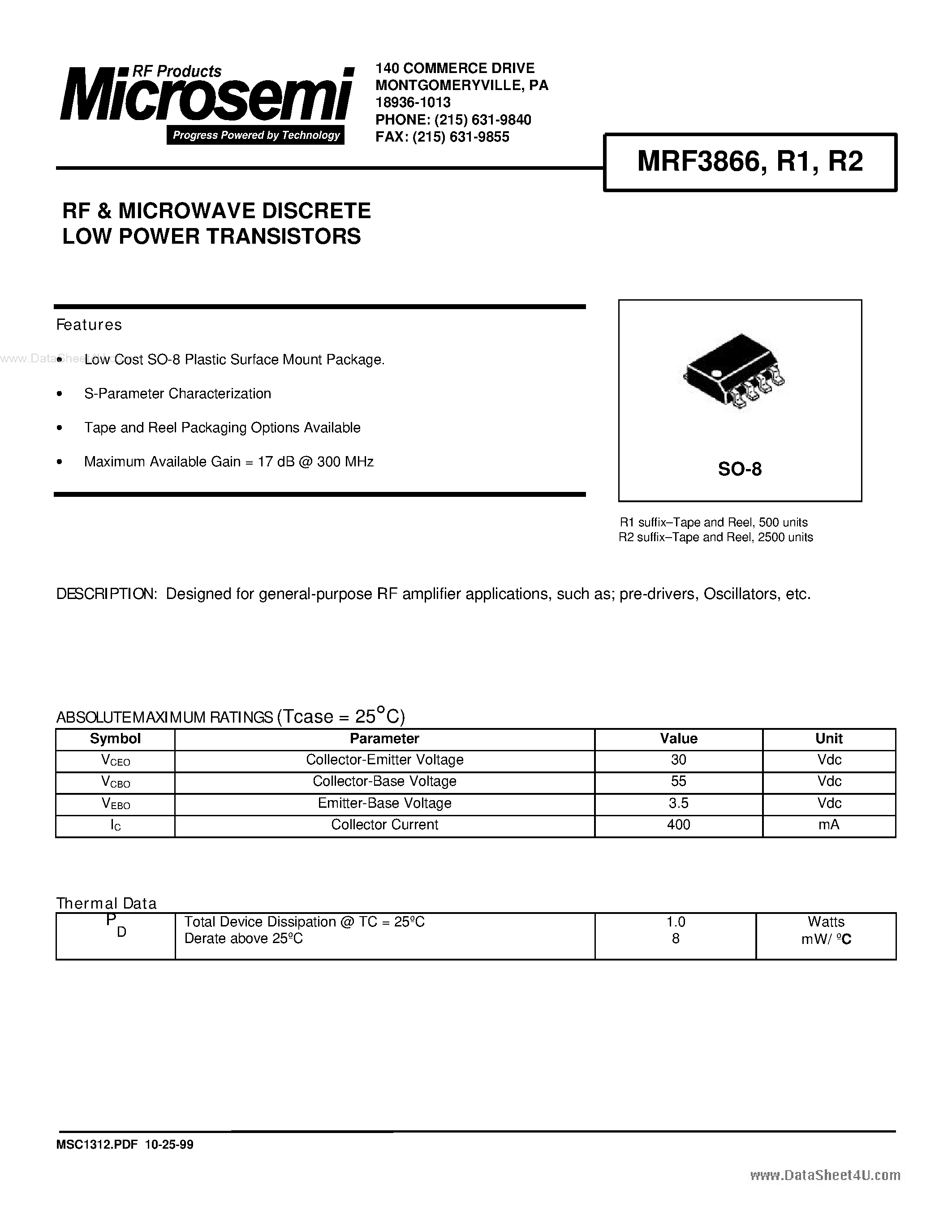 Datasheet MRF3866 - RF & MICROWAVE DISCRETE LOW POWER TRANSISTORS page 1