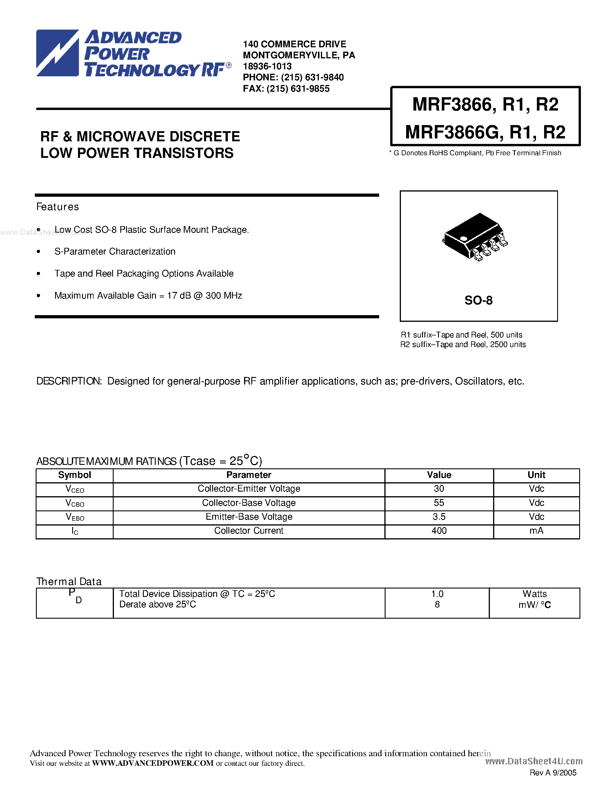 Datasheet MRF3866 page 1 Datasheet MRF3866 - RF & MICROWAVE DISCRETE LOW POWER TRANSISTORS page 1
