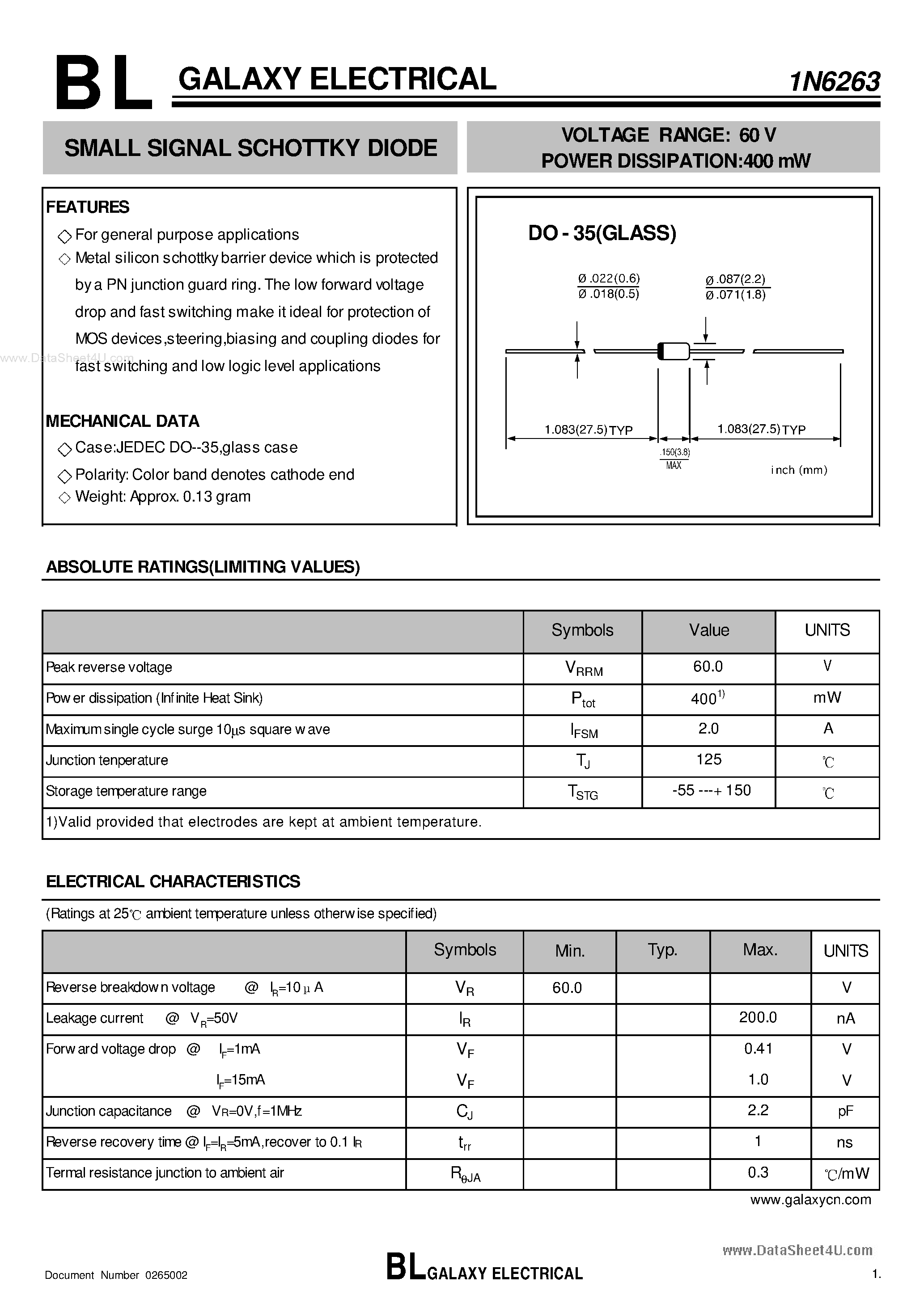 Datasheet 1N6263 page 1 Datasheet 1N6263 - SMALL SIGNAL SCHOTTKY DIODE page 1