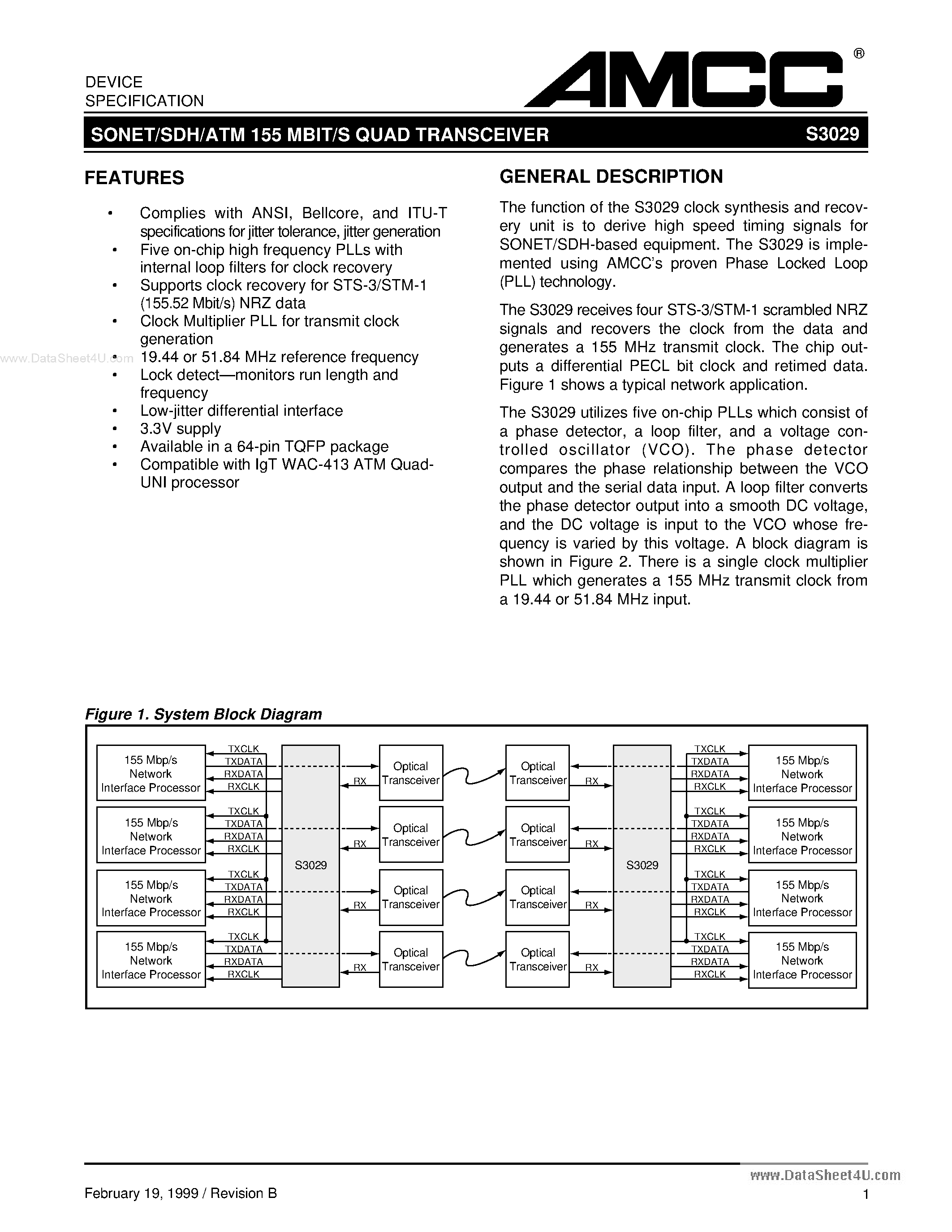 Datasheet S3029 - SONET/SDH/ATM 155 MBIT/S QUAD TRANSCEIVER page 1