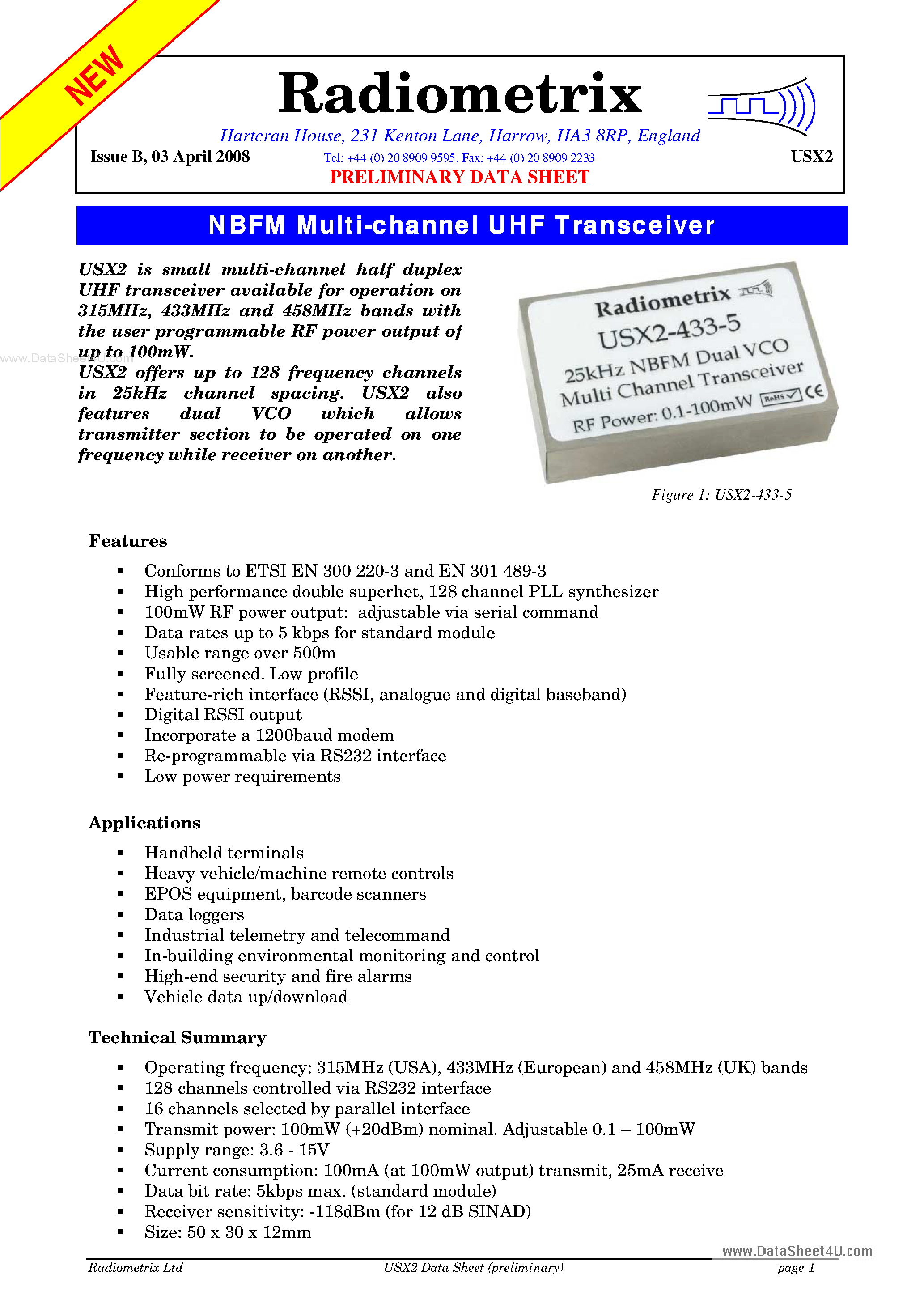 Datasheet USX2-433-5 - NBFM Multi-channel UHF Transceiver page 1