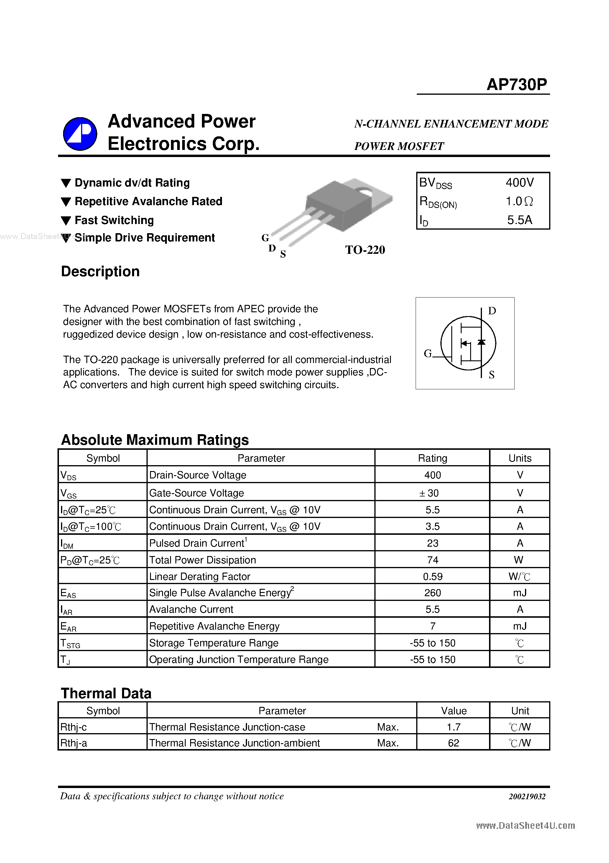 Datasheet AP730P - N-CHANNEL ENHANCEMENT MODE POWER MOSFET page 1