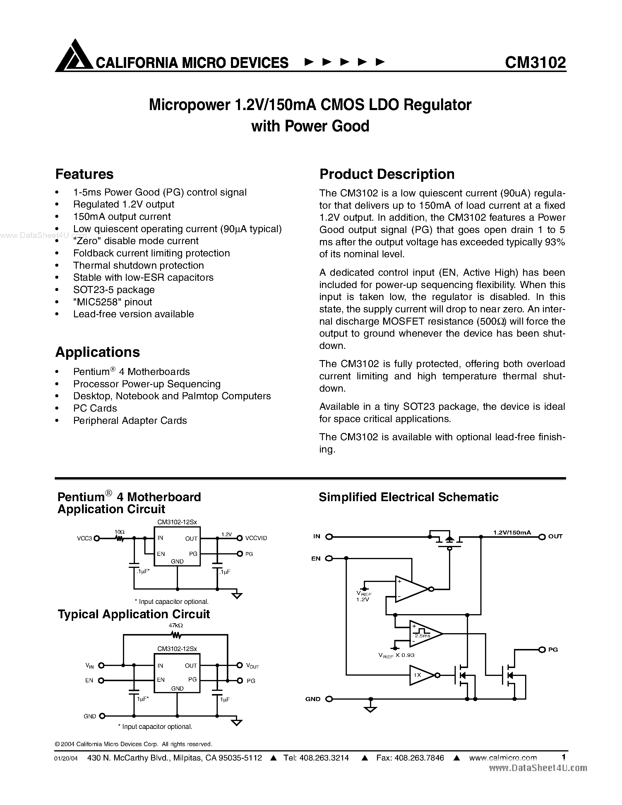 Даташит на микросхему CM3102 страница 1 Даташит CM3102 - Micropower 1.2V/150mA CMOS LDO Regulator страница 1