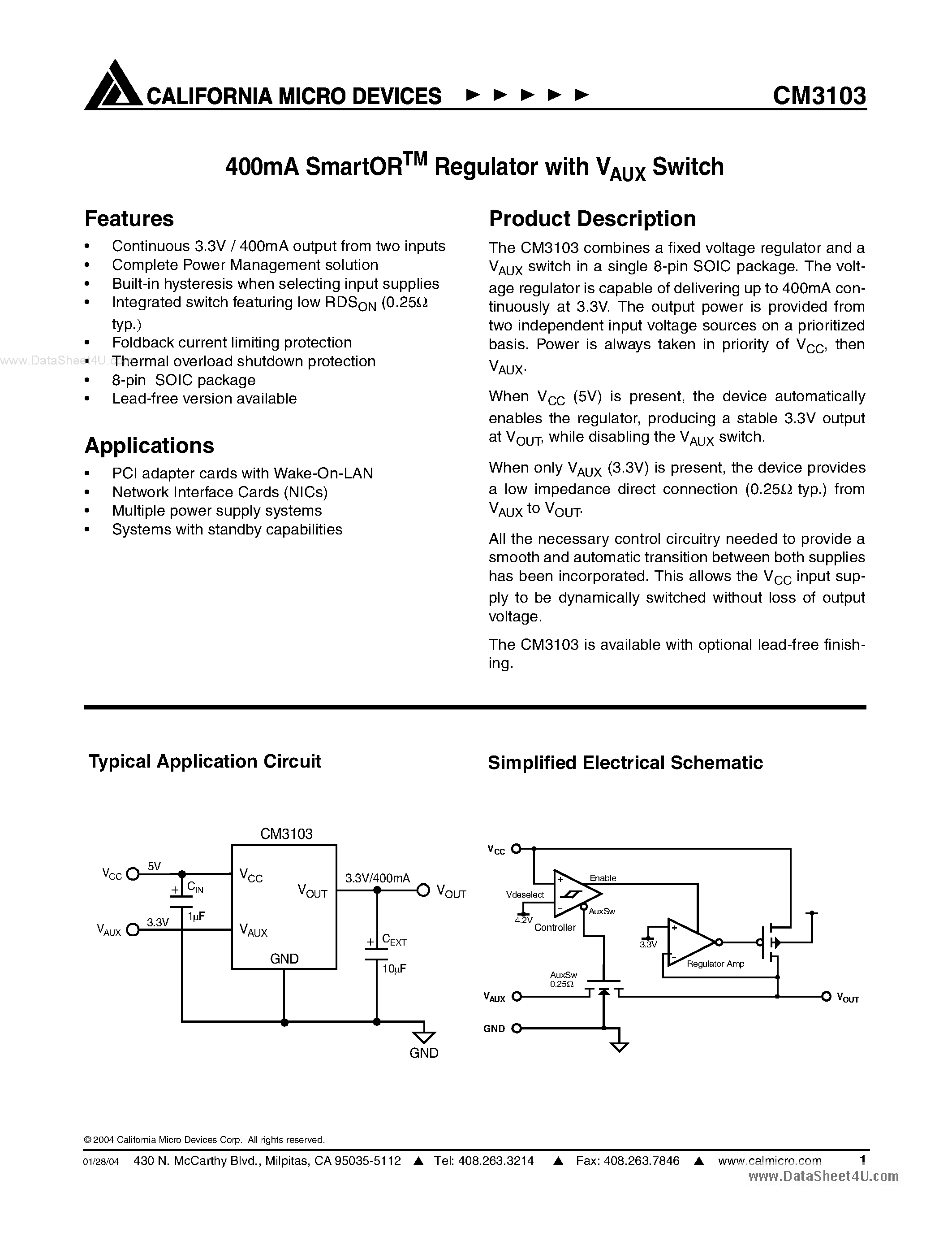 Даташит на микросхему CM3103 страница 1 Даташит CM3103 - 400mA SMARTOR REGULATOR Vaux SWITCH страница 1