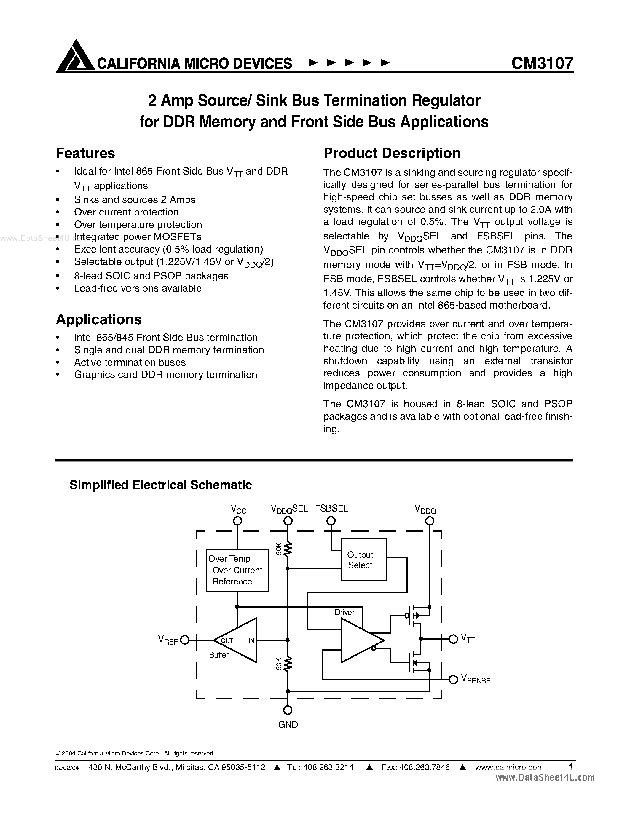 Даташит на микросхему CM3107 страница 1 Даташит CM3107 - 2 Amp Source/ Sink Bus Termination Regulator страница 1