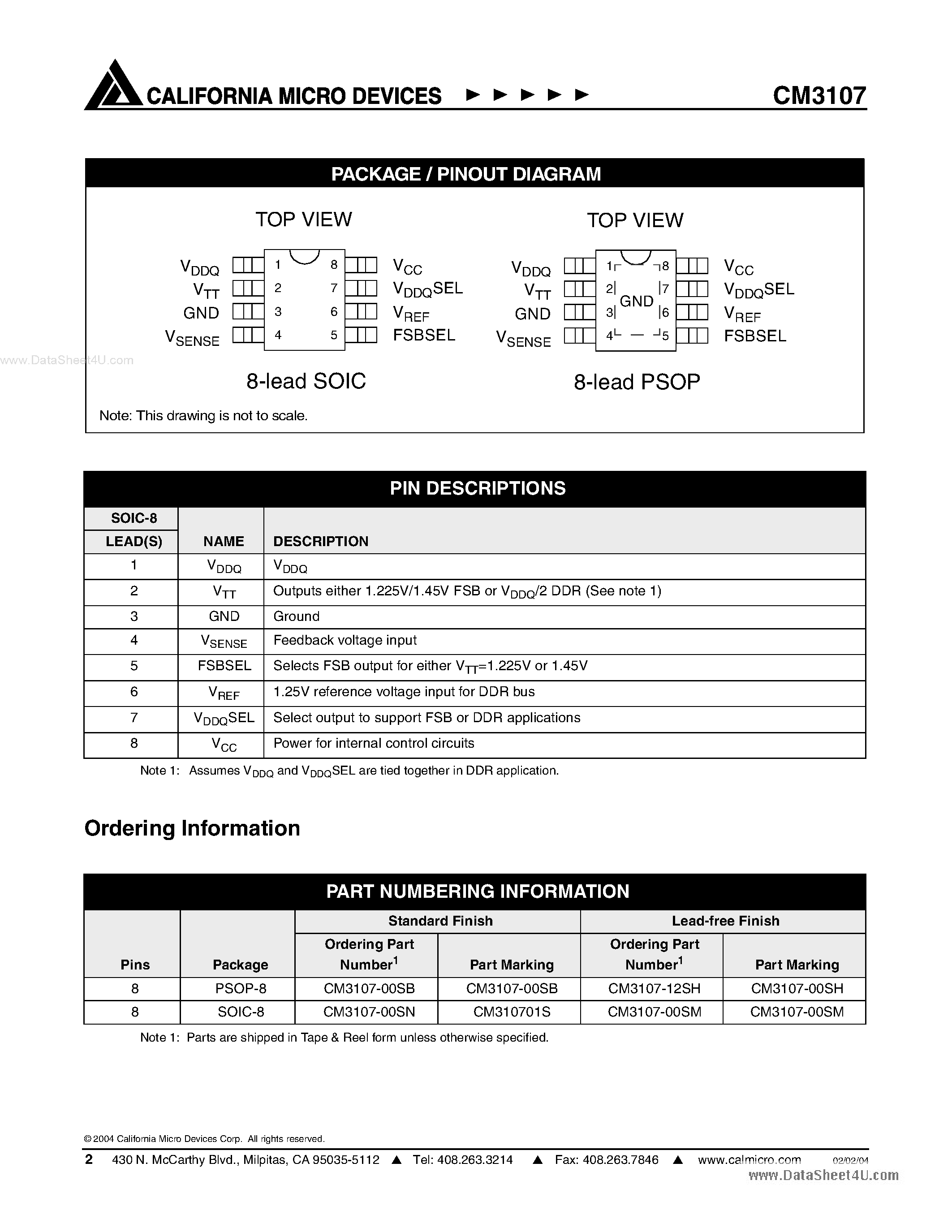 Даташит на микросхему CM3107 страница 2 Даташит CM3107 - 2 Amp Source/ Sink Bus Termination Regulator страница 2