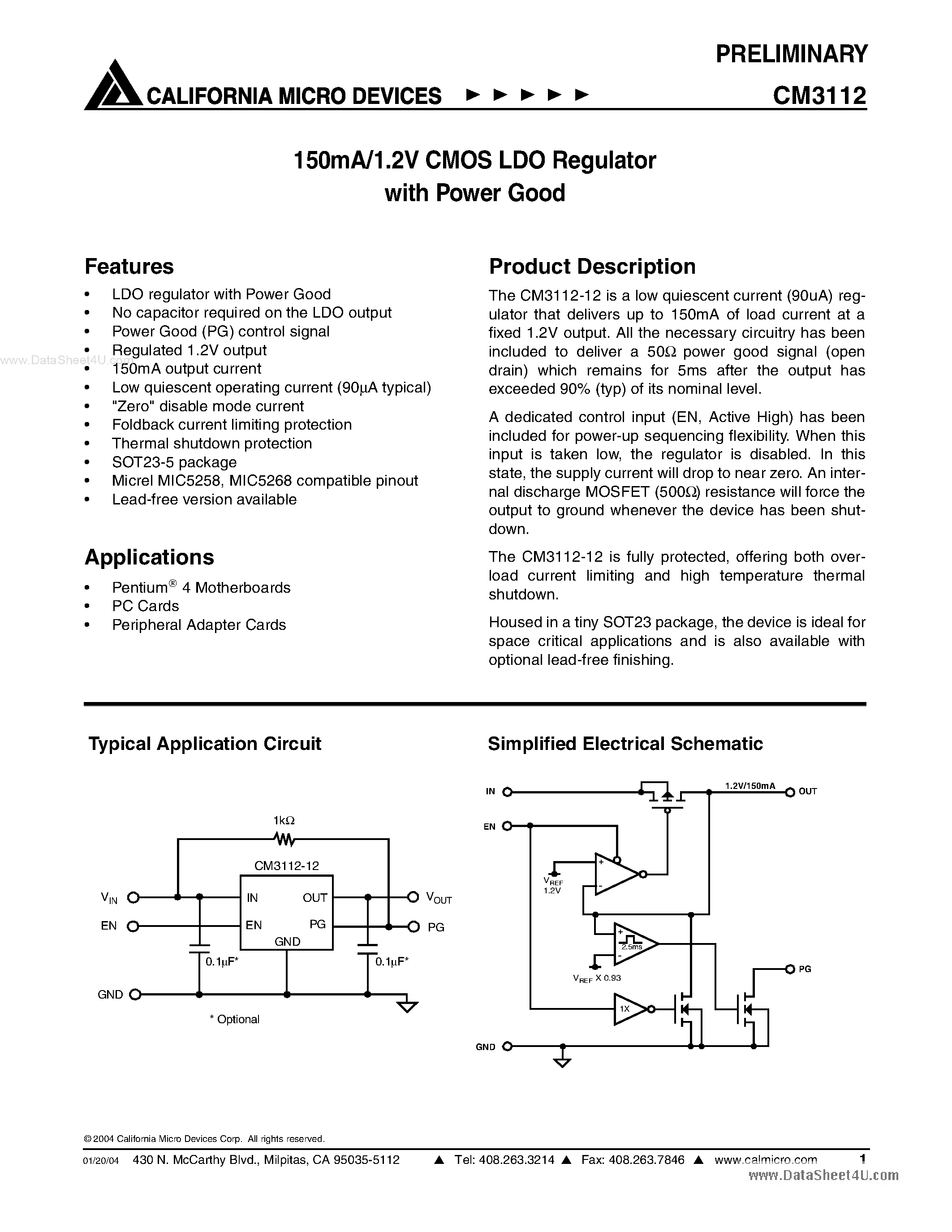Даташит на микросхему CM3112 страница 1 Даташит CM3112 - 150mA/1.2V CMOS LDO Regulator страница 1