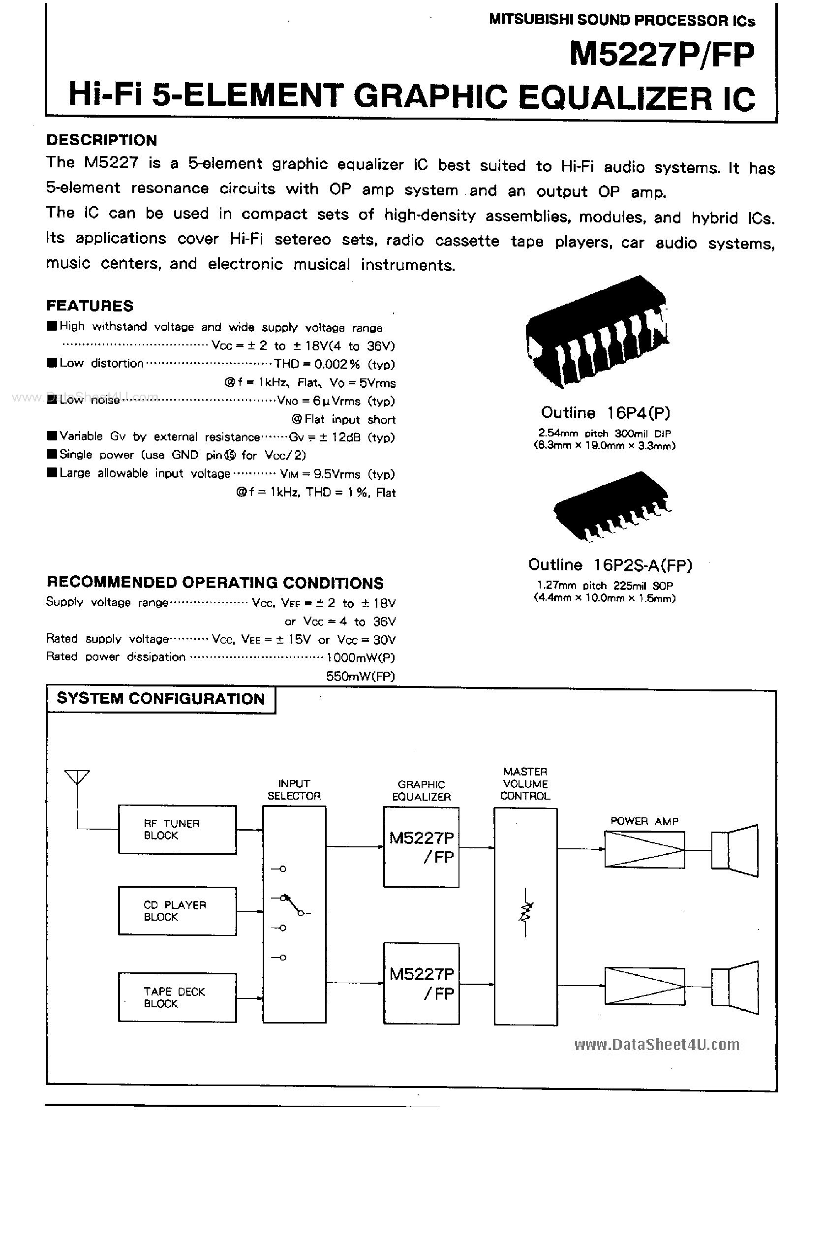 Datasheet M5227FP - Hi-Fi 5 Element Graphic Equalizer IC page 1