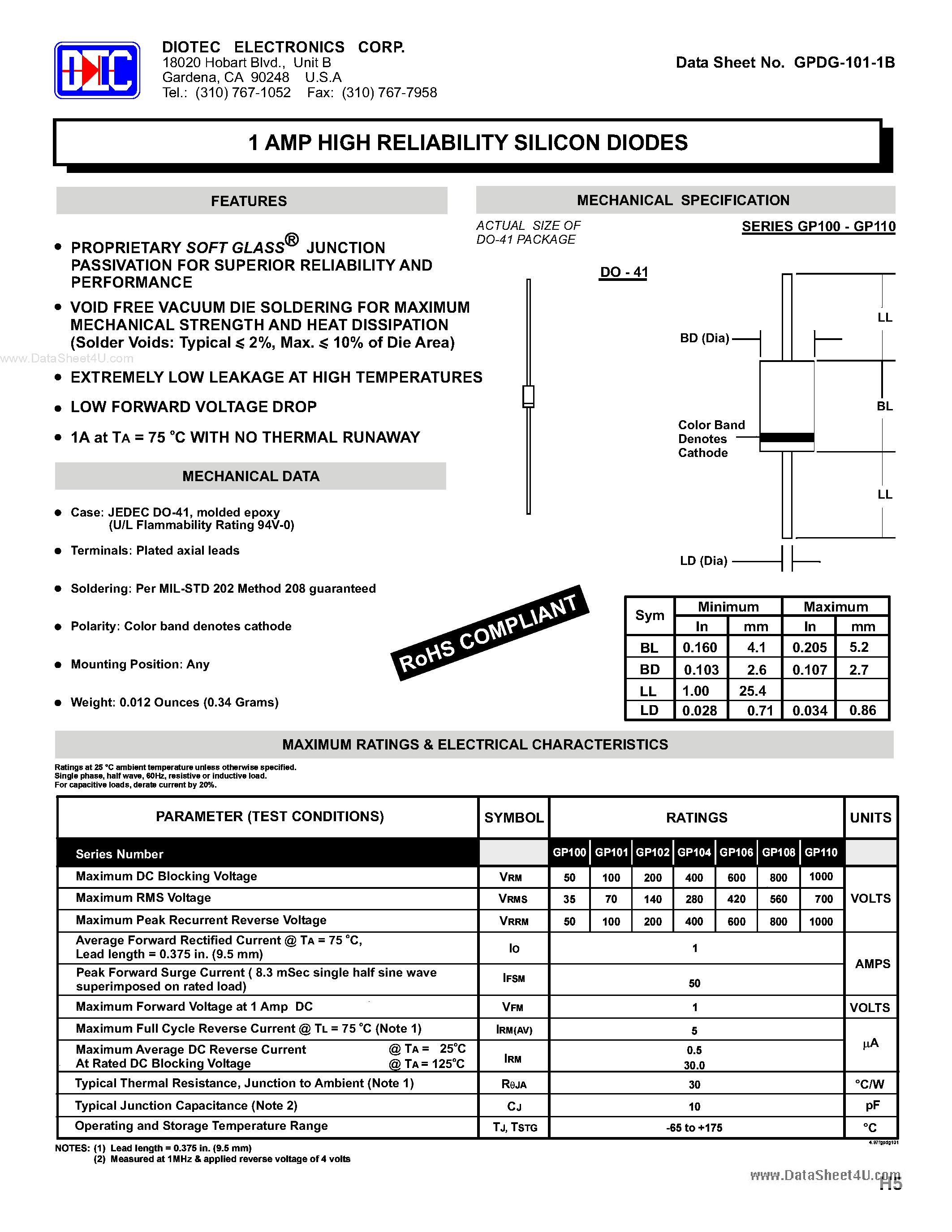 Даташит на микросхему GP100 страница 1 Даташит GP100 - (GP100 - GP110) 1 AMP HIGH RELIABILITY SILICON DIODES страница 1