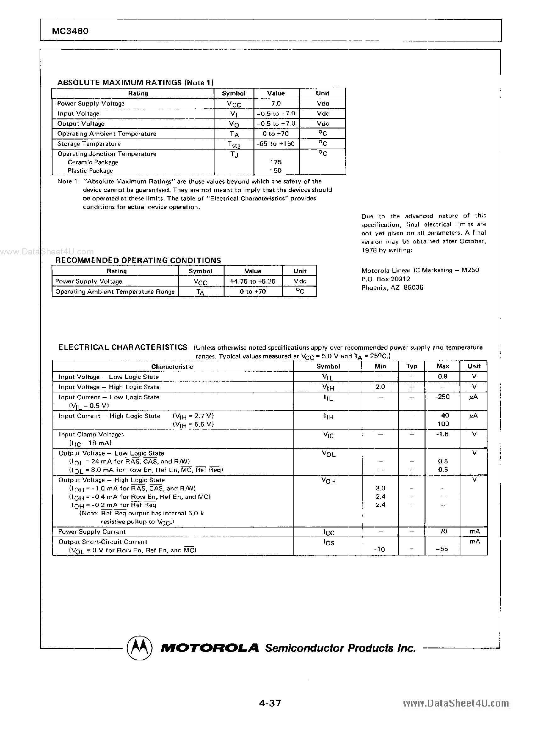 Datasheet MC3480 page 2 Datasheet MC3480 - Dynamic Memory Controller page 2