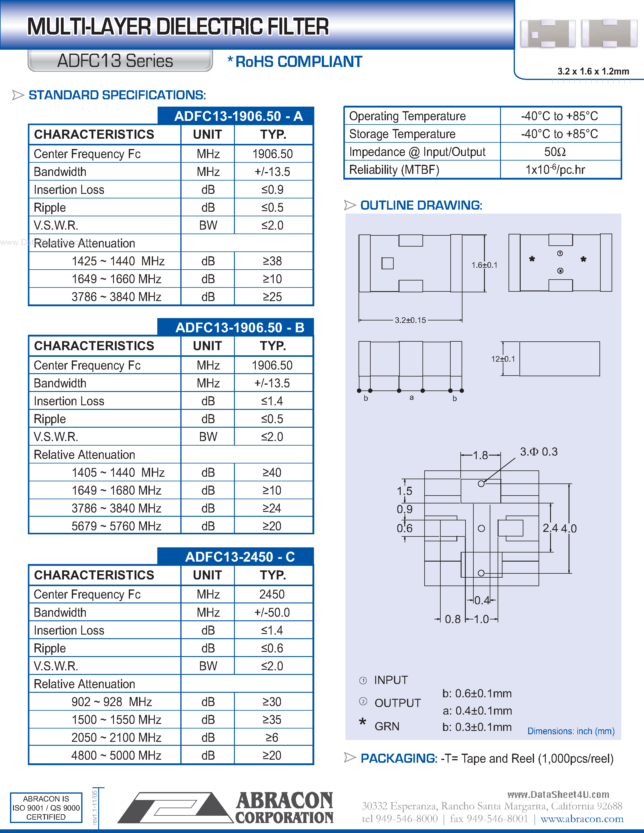 Datasheet ADFC13 - MULTI-LAYER DIELECTRIC FILTER page 1
