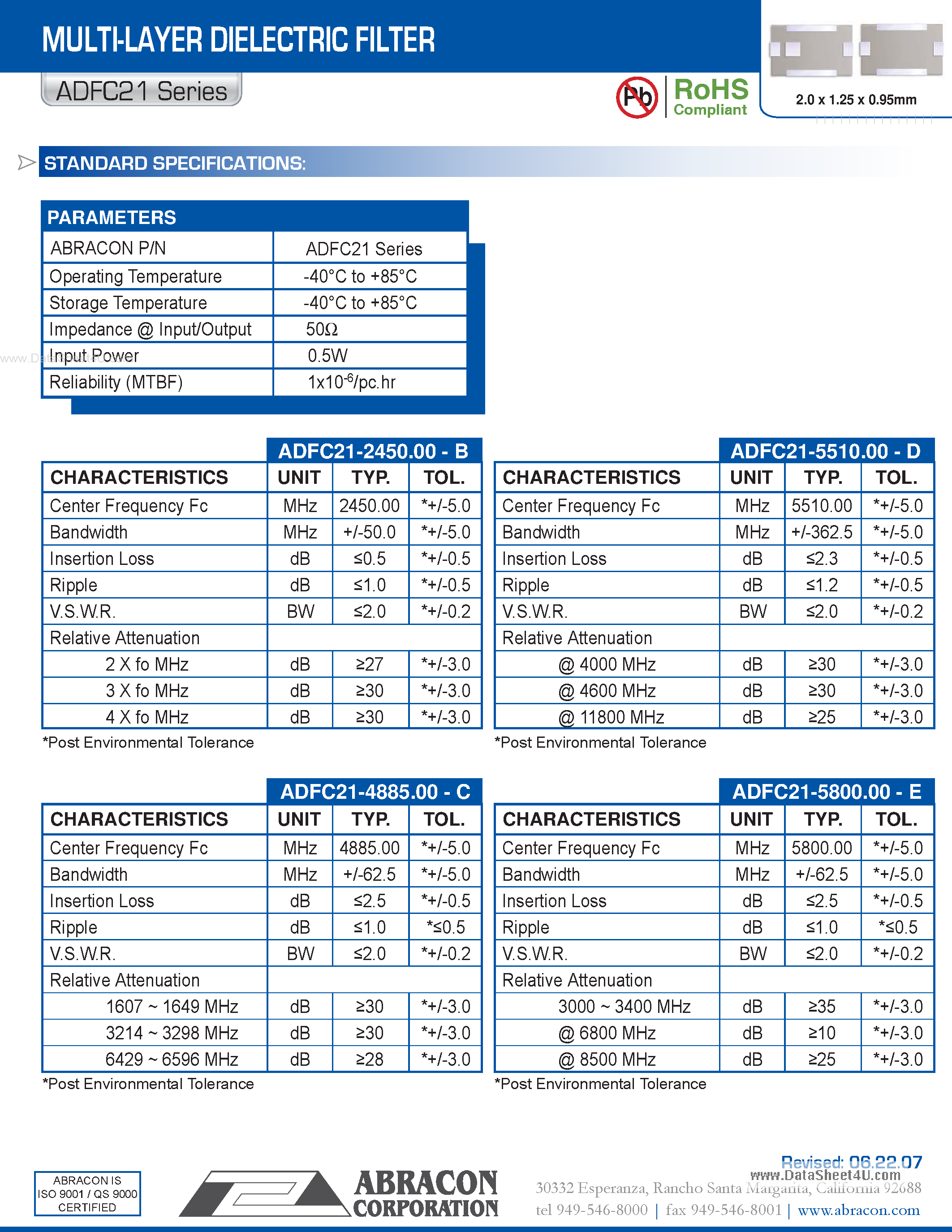 Datasheet ADFC21 - MULTI-LAYER DIELECTRIC FILTER page 1