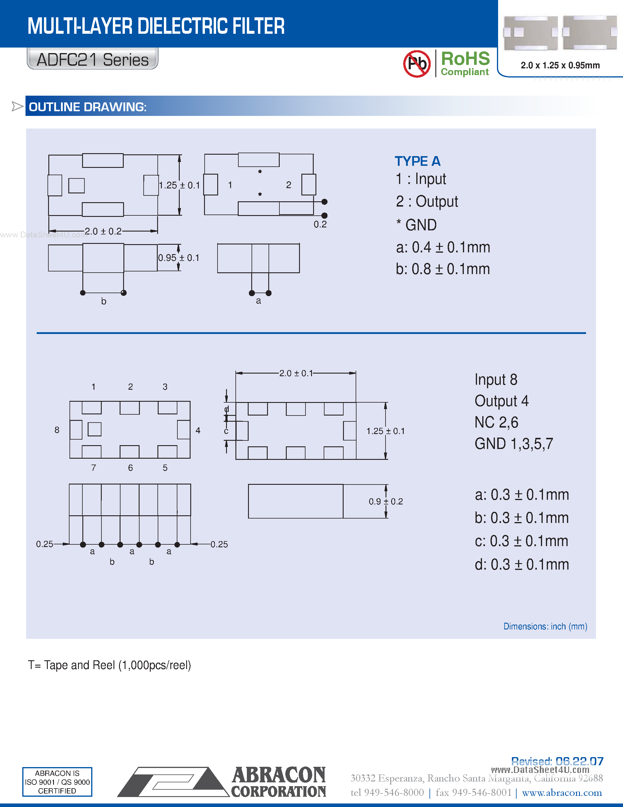 Datasheet ADFC21 - MULTI-LAYER DIELECTRIC FILTER page 2