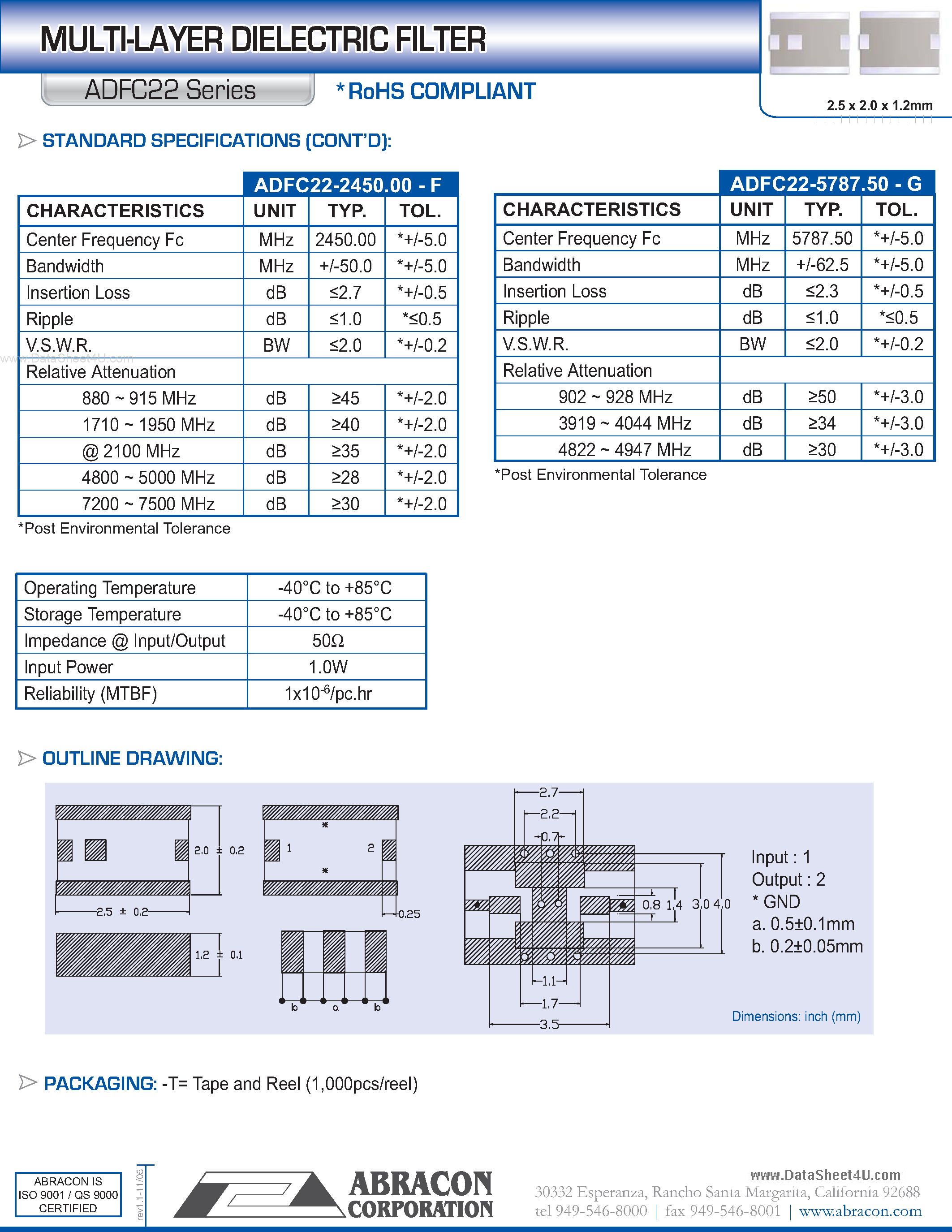 Datasheet ADFC22 - MULTI-LAYER DIELECTRIC FILTER page 2