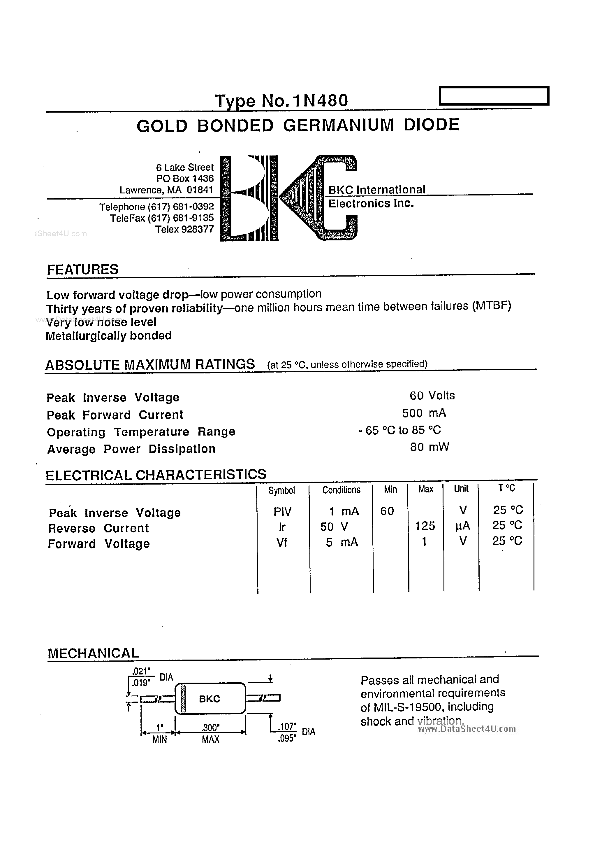 Datasheet 1N480 - GOLD BONDED DIODES page 1
