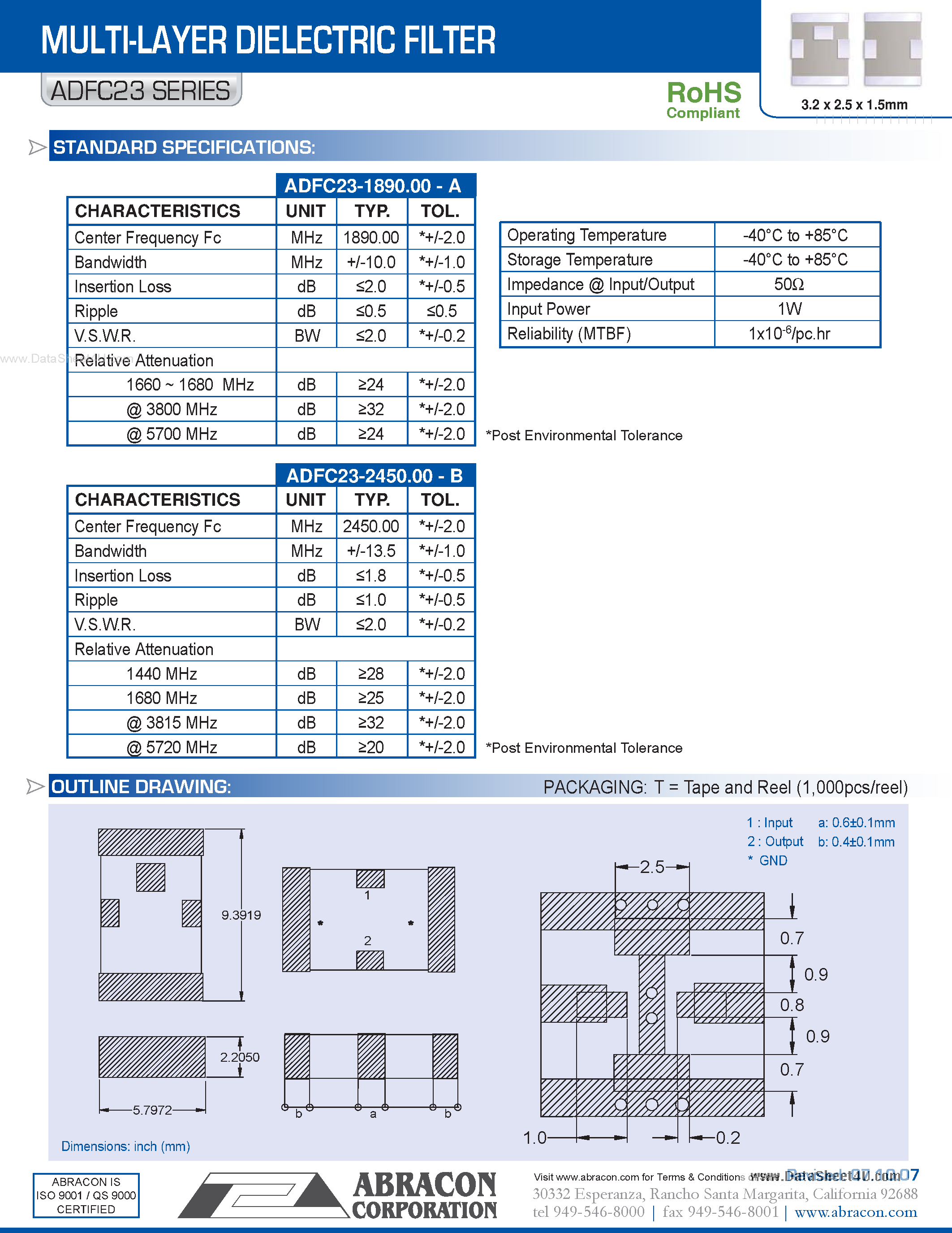 Datasheet ADFC23 - MULTI-LAYER DIELECTRIC FILTER page 1