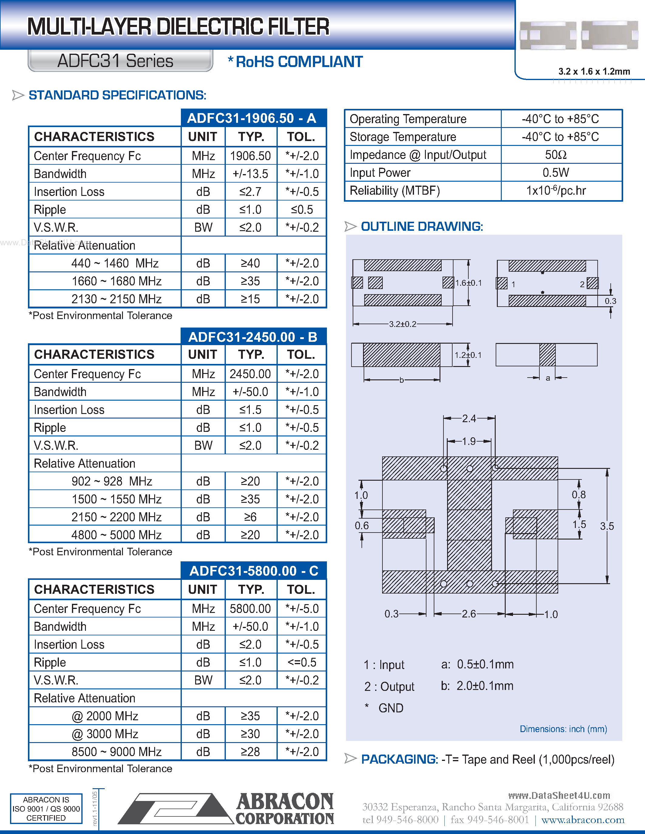 Datasheet ADFC31 - MULTI-LAYER DIELECTRIC FILTER page 1