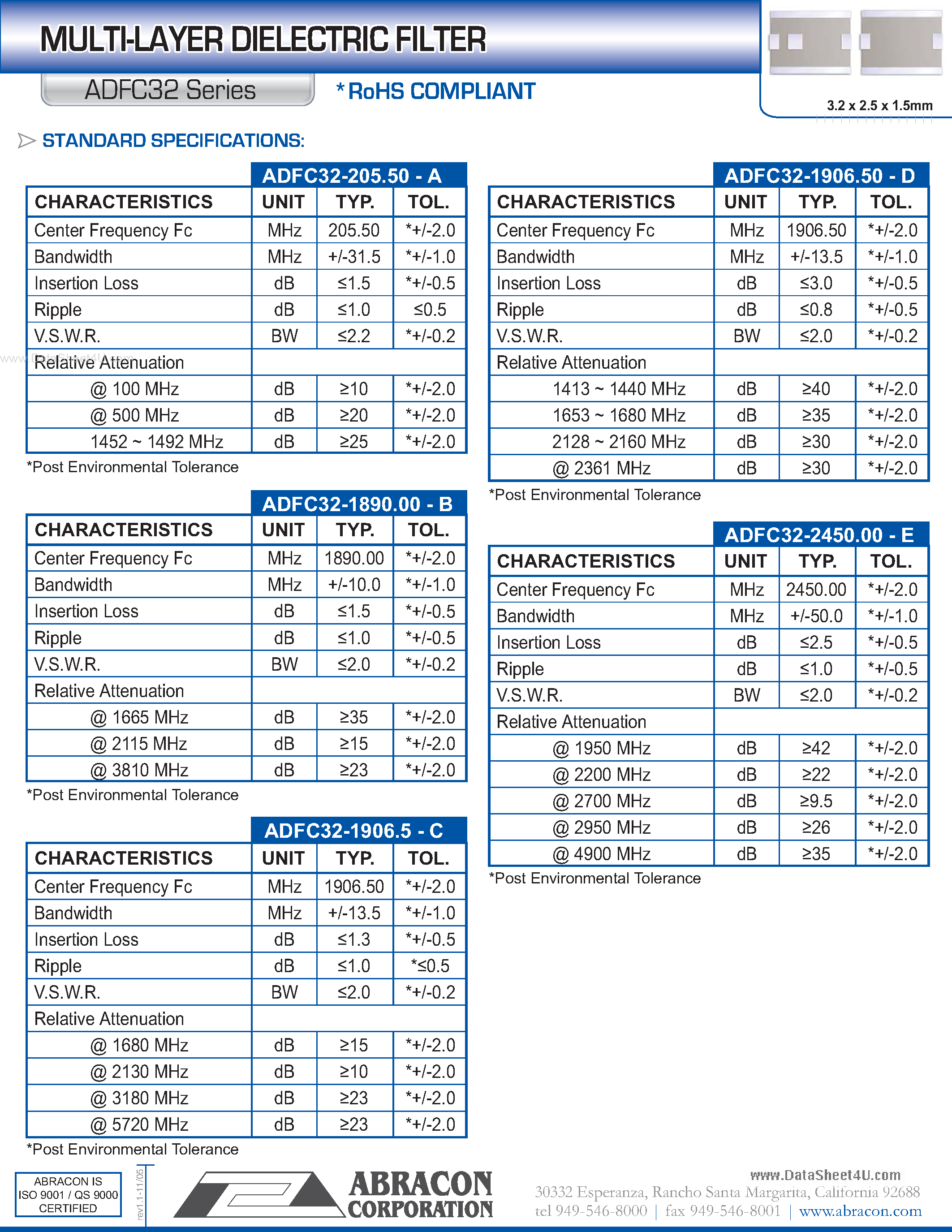 Datasheet ADFC32 - MULTI-LAYER DIELECTRIC FILTER page 1