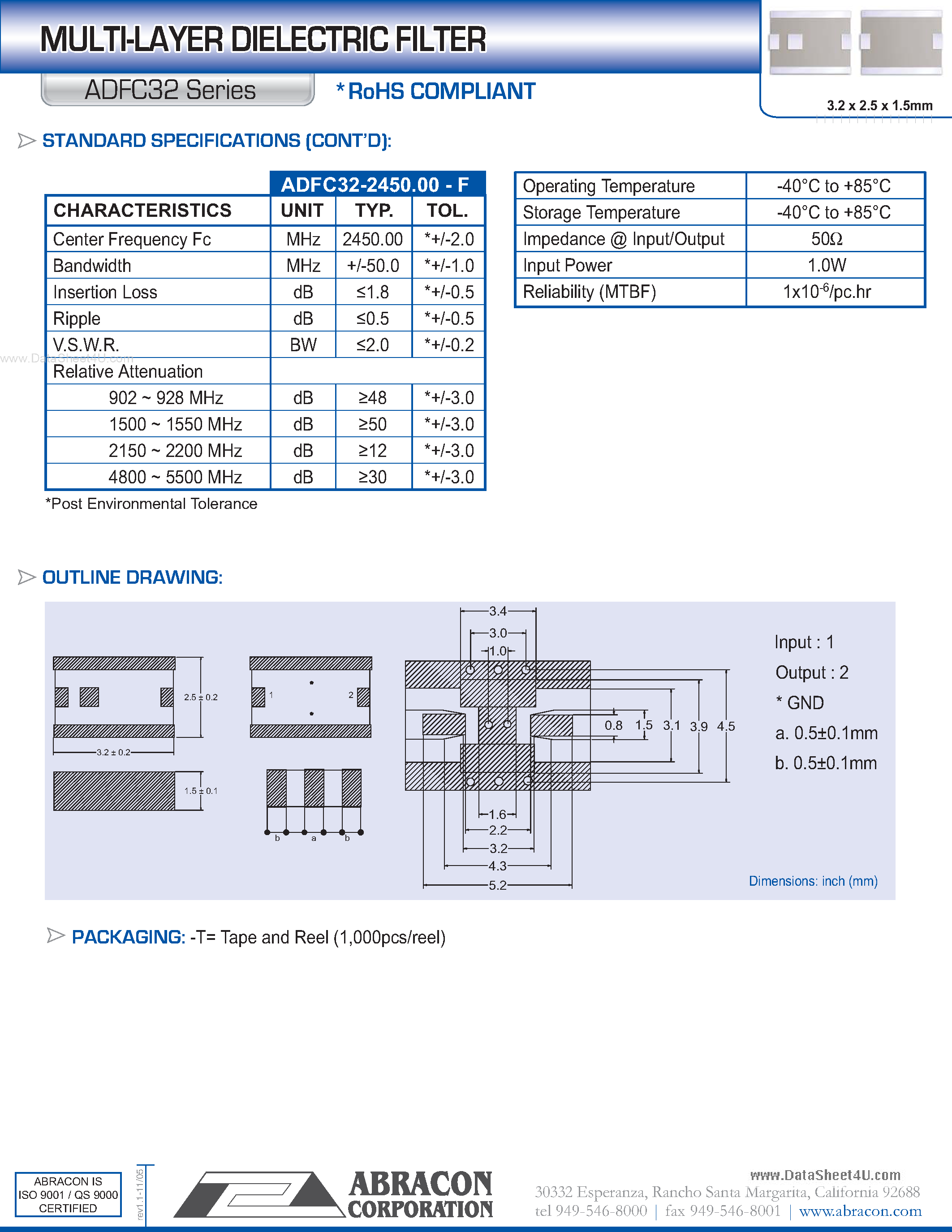 Datasheet ADFC32 - MULTI-LAYER DIELECTRIC FILTER page 2