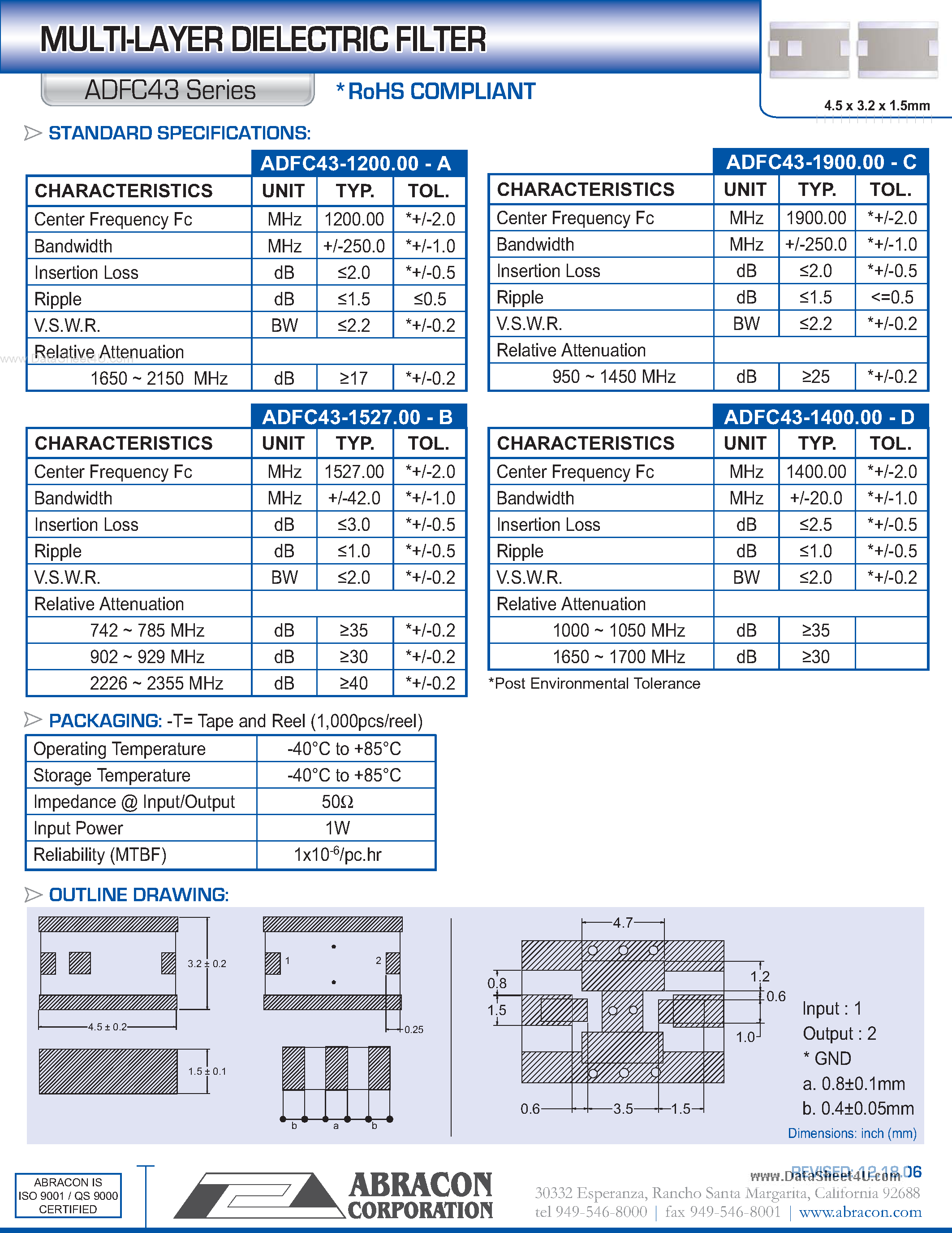 Datasheet ADFC43 - MULTI-LAYER DIELECTRIC FILTER page 1