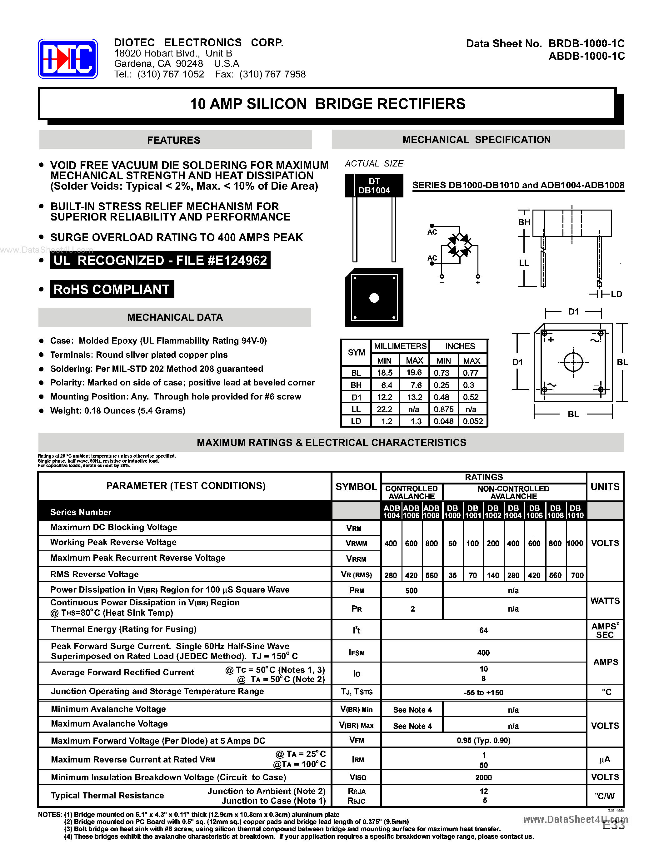 Datasheet ADB1004 page 1 Datasheet ADB1004 - (ADB1004 - ADB1008) 10 AMP SILICON BRIDGE RECTIFIERS page 1