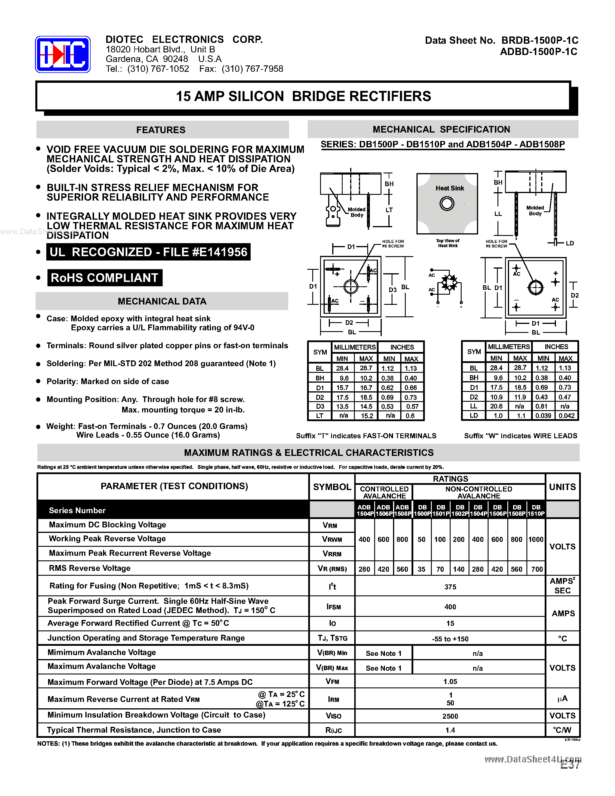 Datasheet ADB1504P page 1 Datasheet ADB1504P - (ADB1504P - ADB1508P) 15 AMP SILICON BRIDGE RECTIFIERS page 1