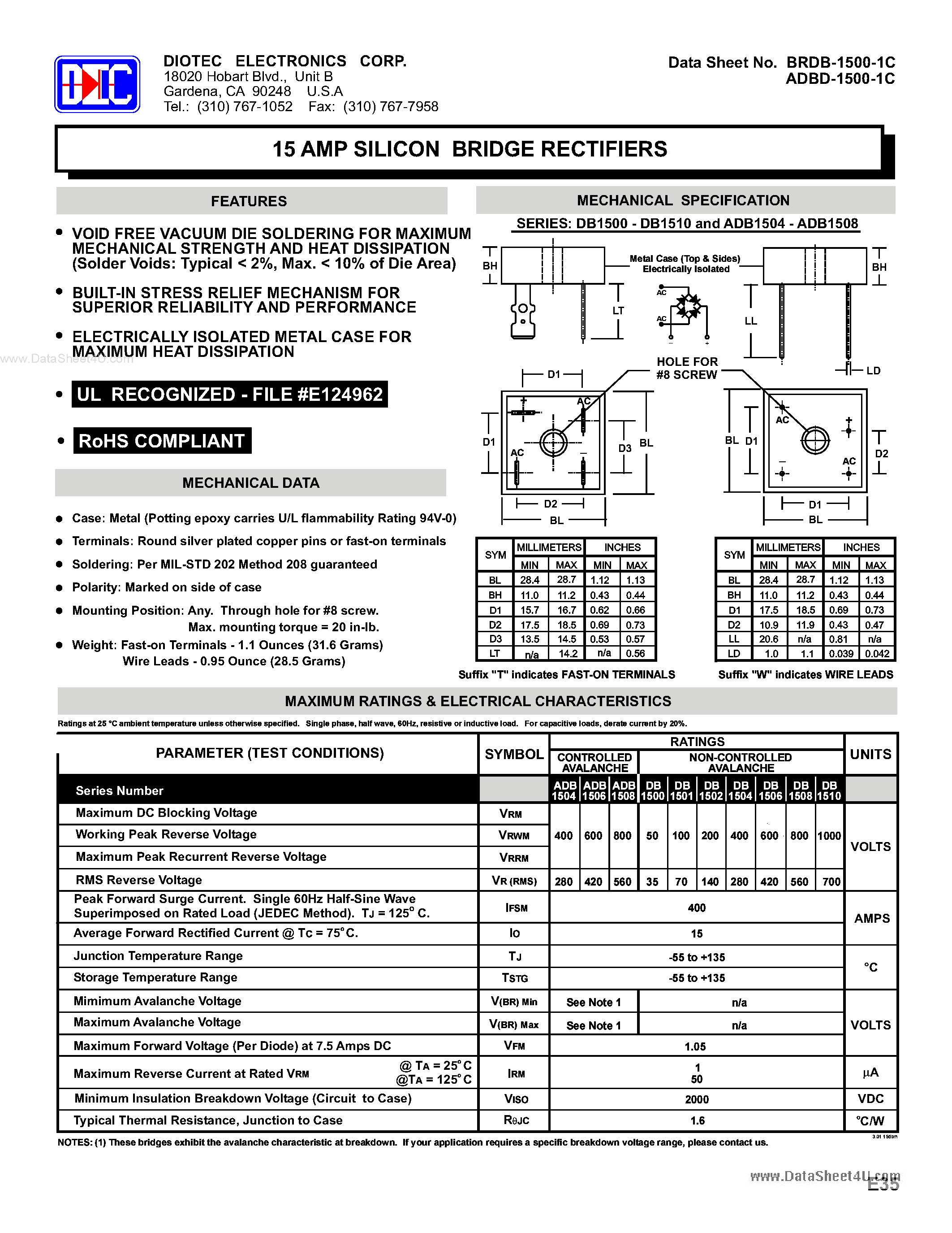 Datasheet ADB1504 page 1 Datasheet ADB1504 - (ADB1504 - ADB1508) 15 AMP SILICON BRIDGE RECTIFIERS page 1