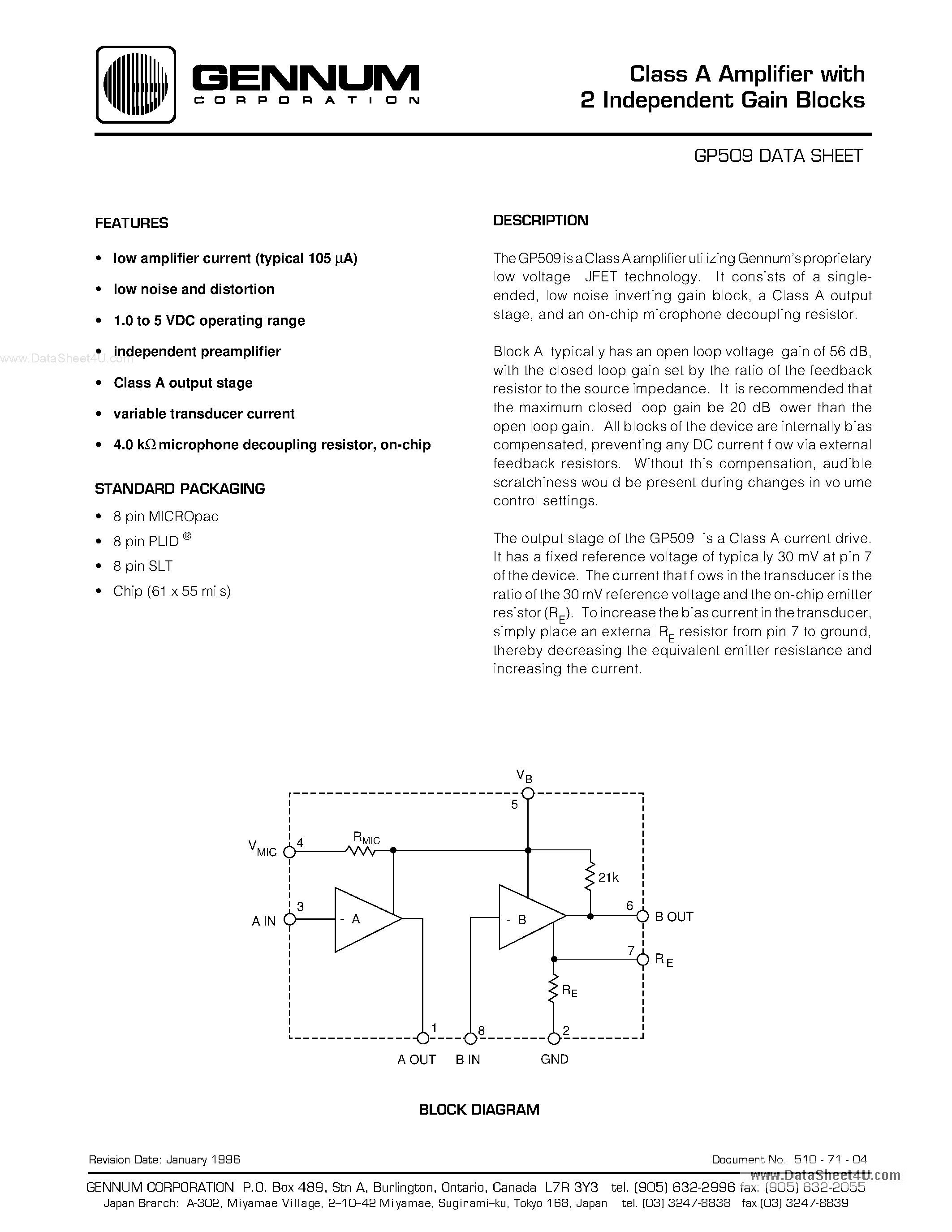 Datasheet GP509 - Class A Amplifier page 1