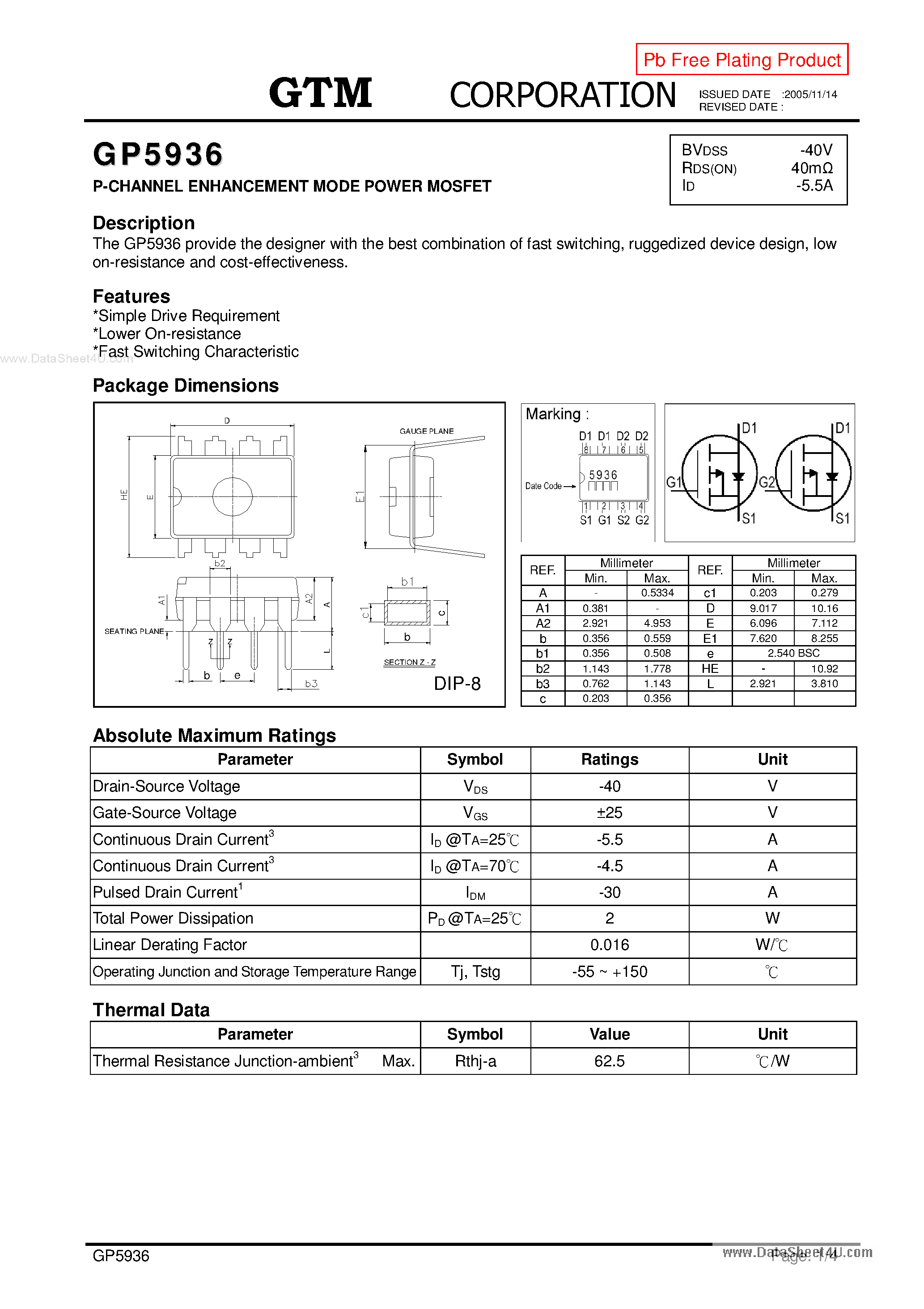 Даташит GP5936 - P-CHANNEL ENHANCEMENT MODE POWER MOSFET страница 1