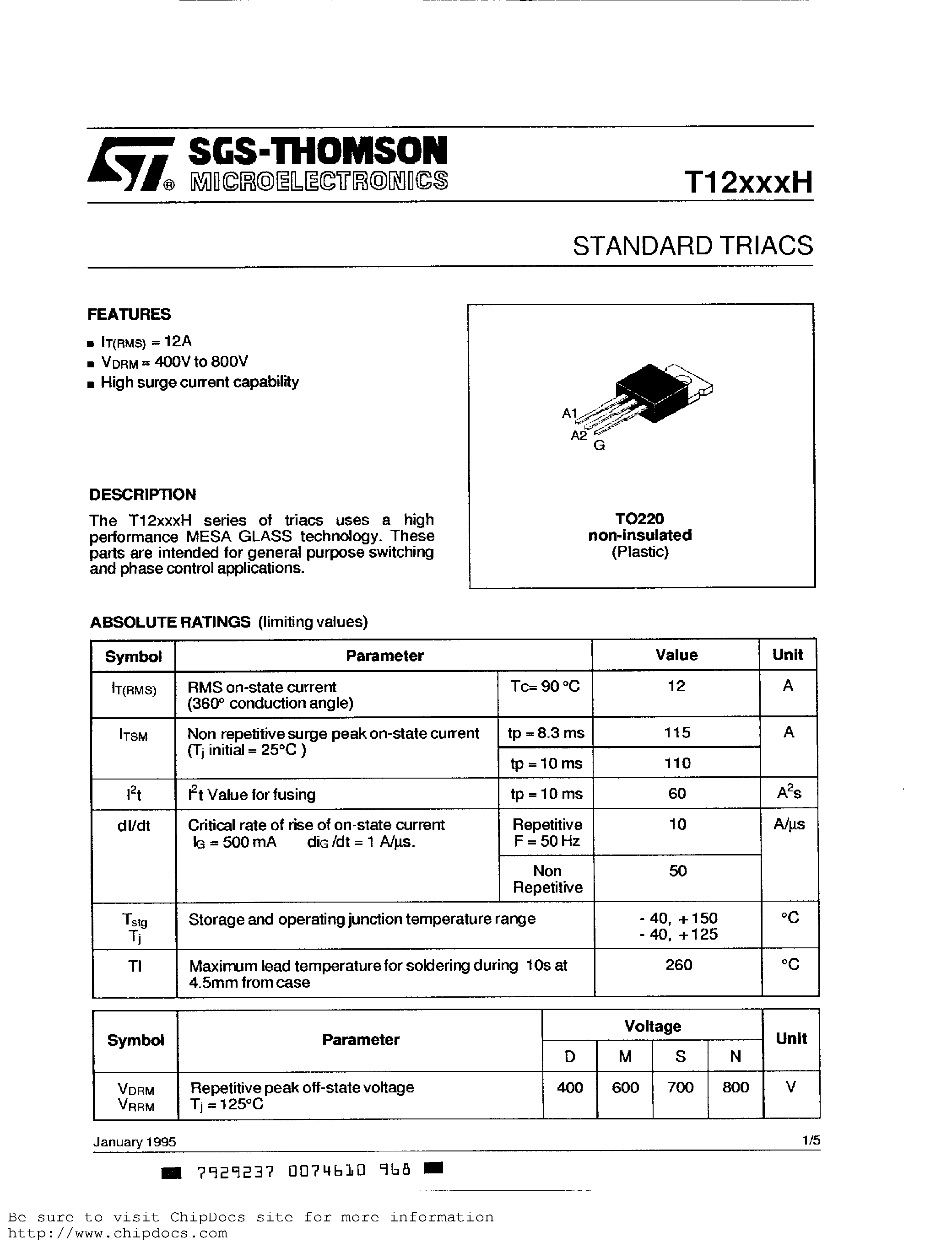 Datasheet T1210NH - STANDARD TRIACS page 1