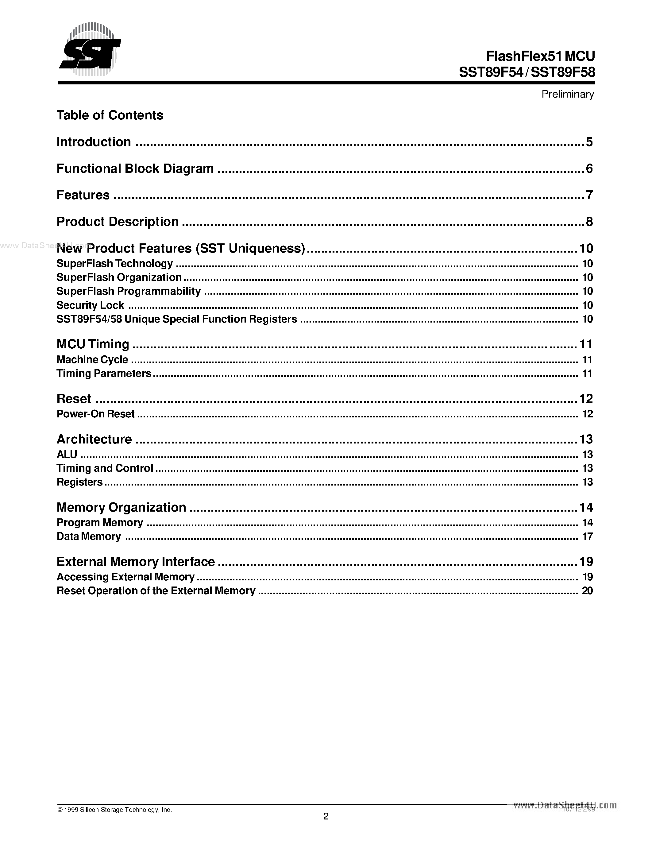Даташит на микросхему SST89F54 страница 2 Даташит SST89F54 - (SST89F54 / SST89F58) 8051 Compatible Multi Purpose 8-Bit Microcontroller страница 2