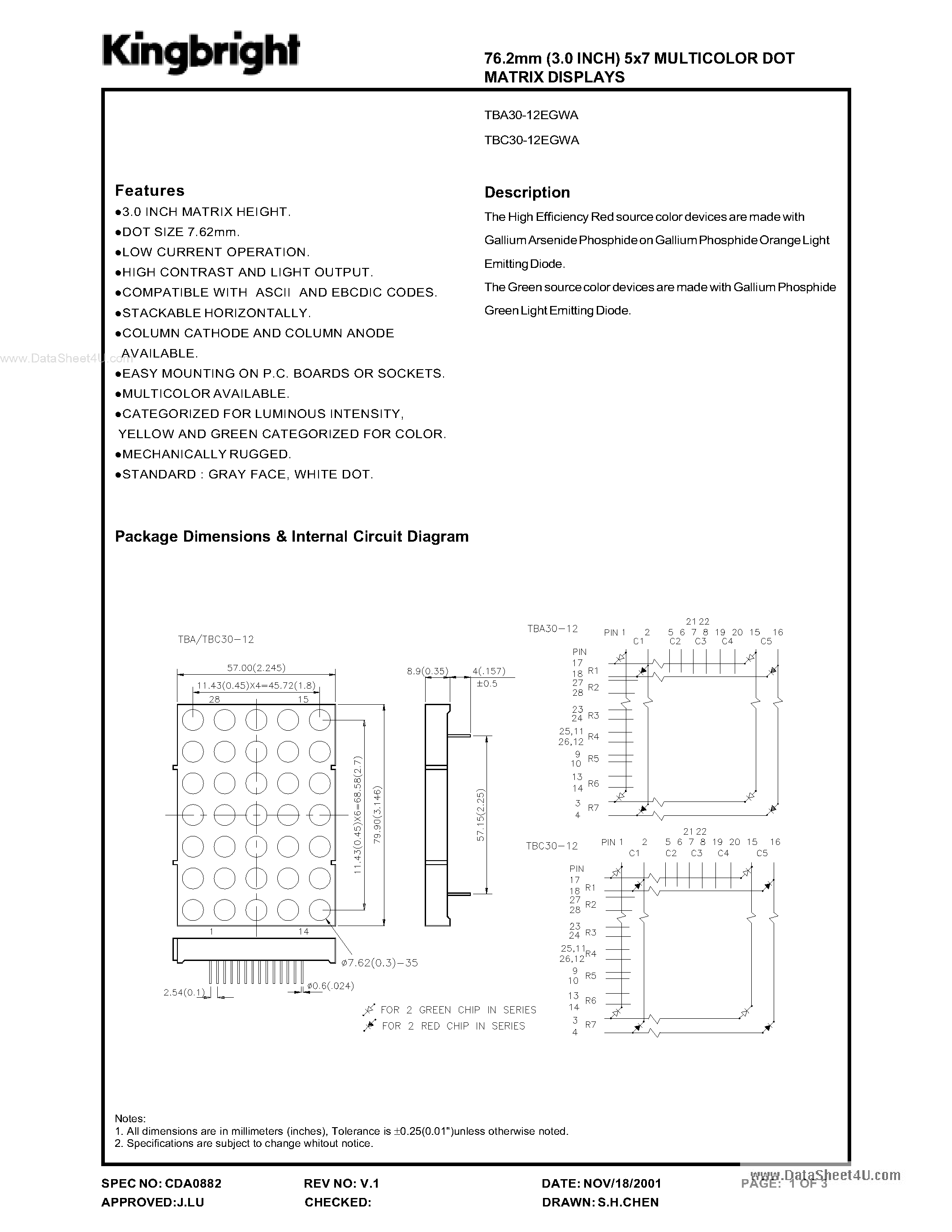 Даташит на микросхему TBA30-12EGWA страница 1 Даташит TBA30-12EGWA - 5 X 7 MULTICORLOR DOT MATRIX DISPLAYS страница 1
