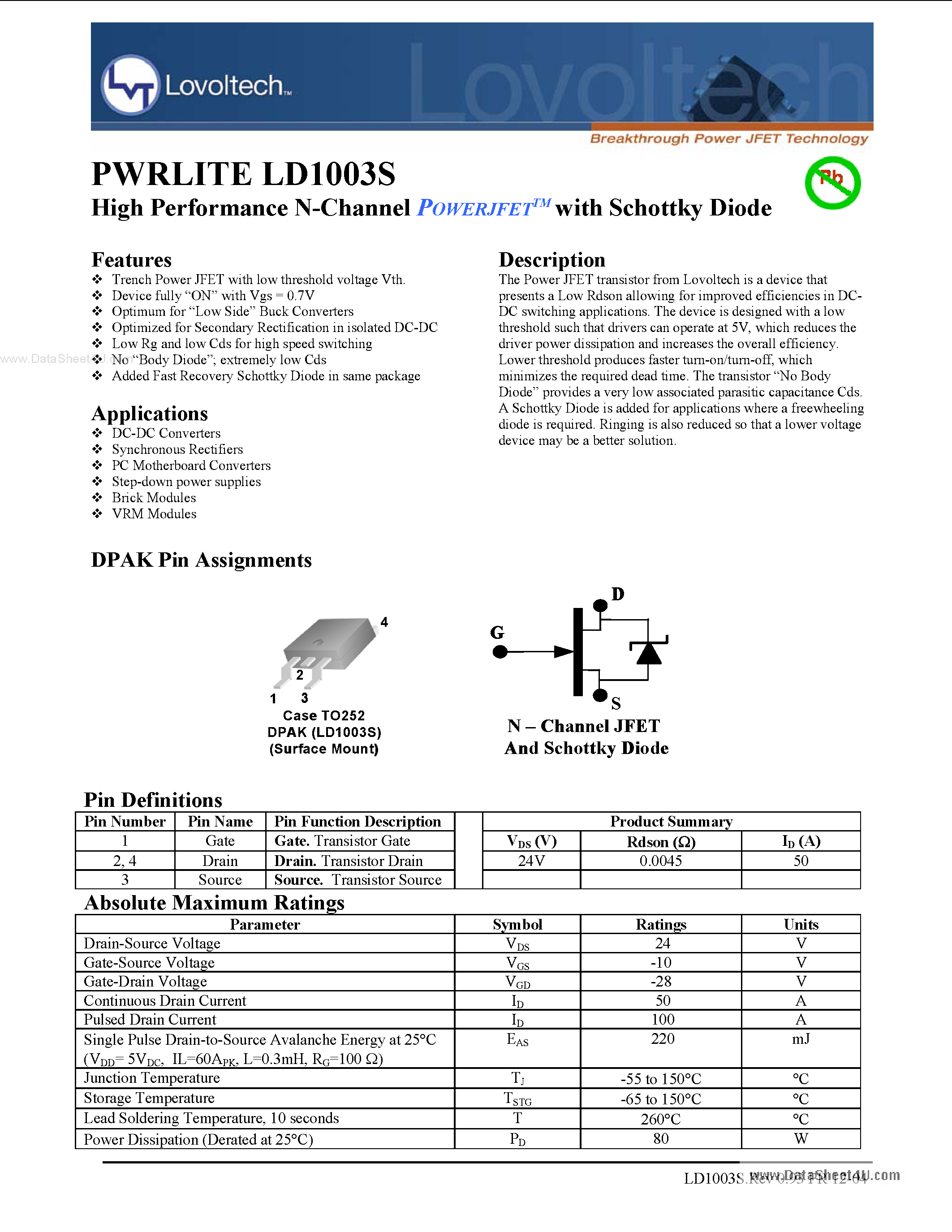 Datasheet LD1003S - High Performance N-Channel POWERJFET page 1