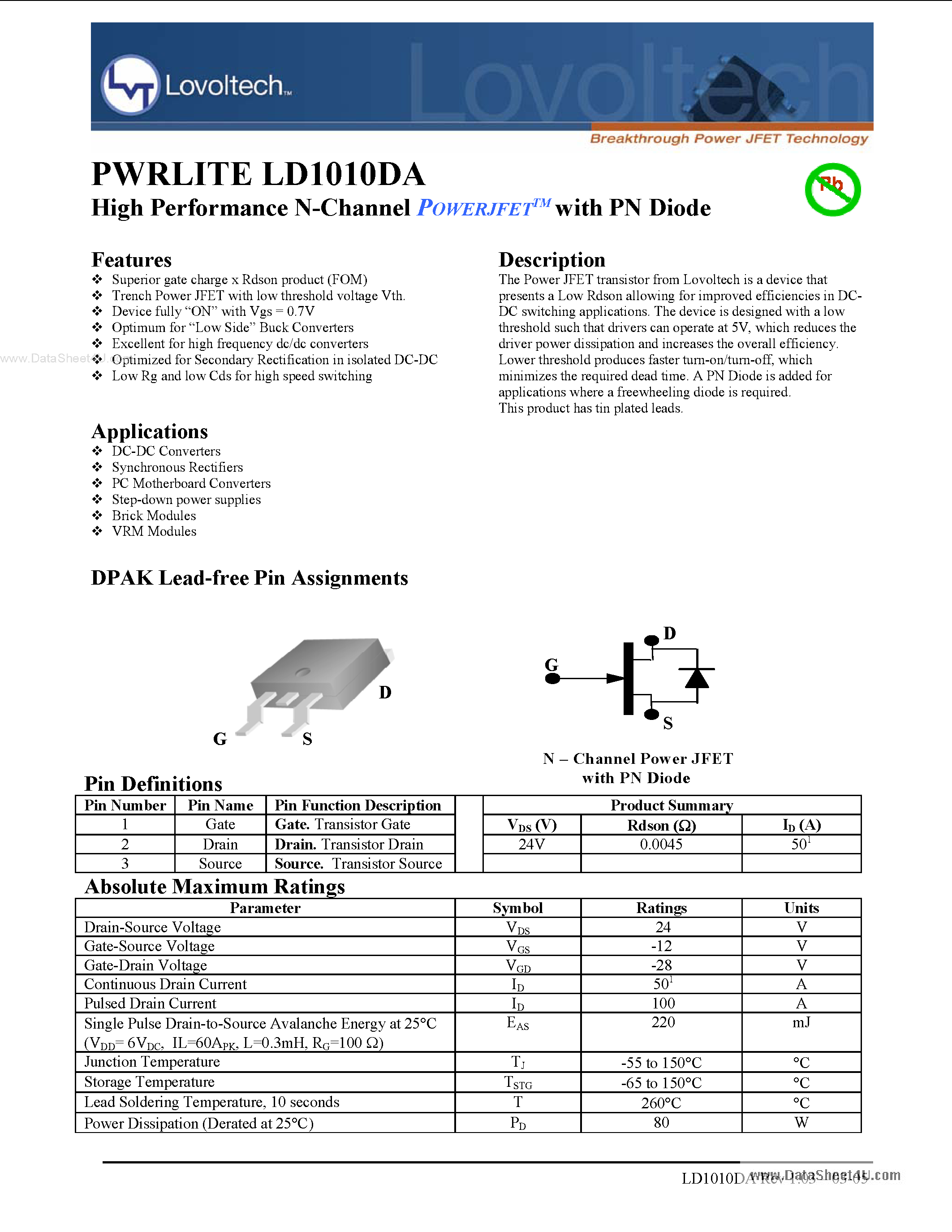 Datasheet LD1010DA - High Performance N-Channel POWERJFET page 1