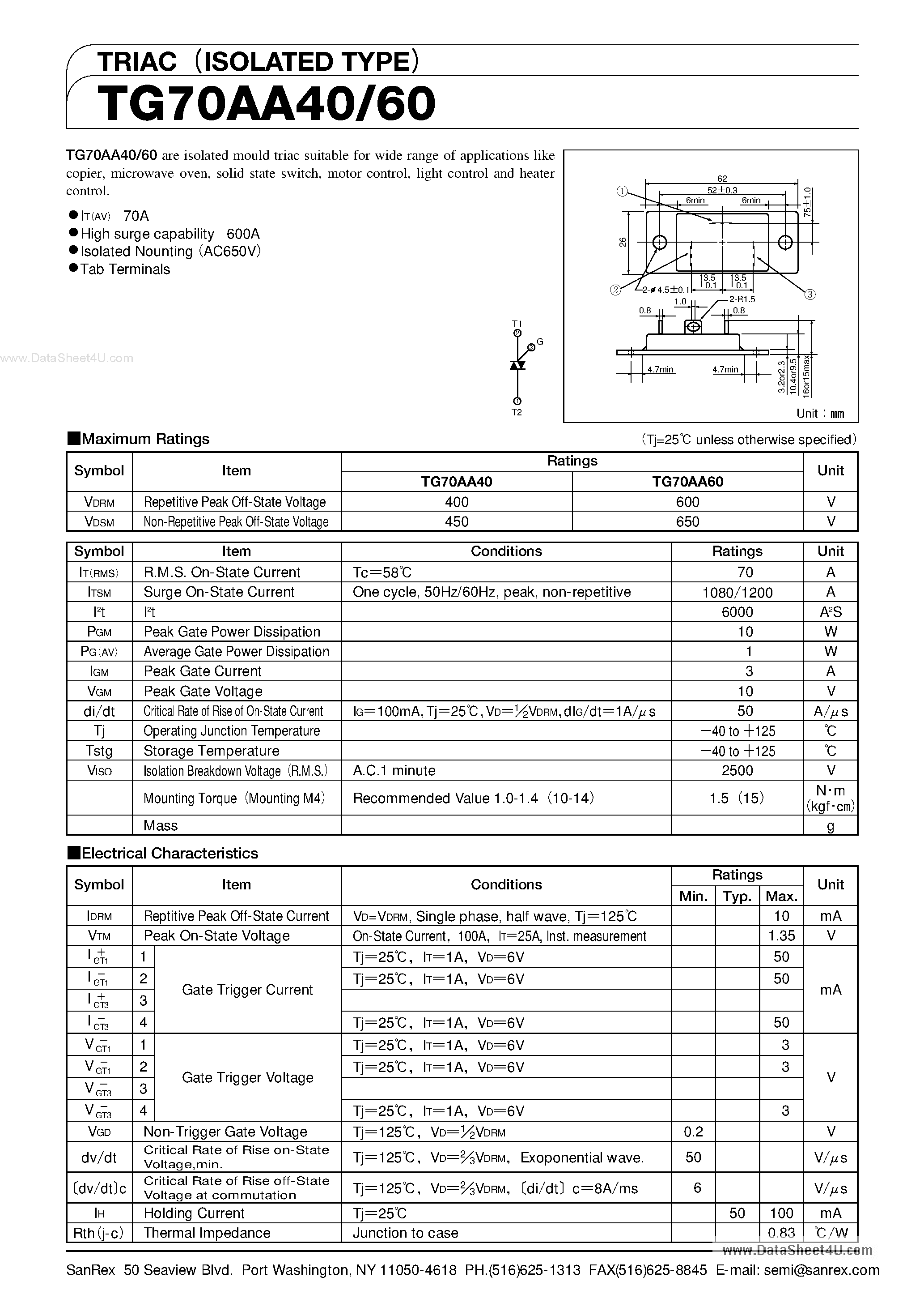 Datasheet TG70AA40 - (TG70AA40 / TG70AA60) TRIAC page 1