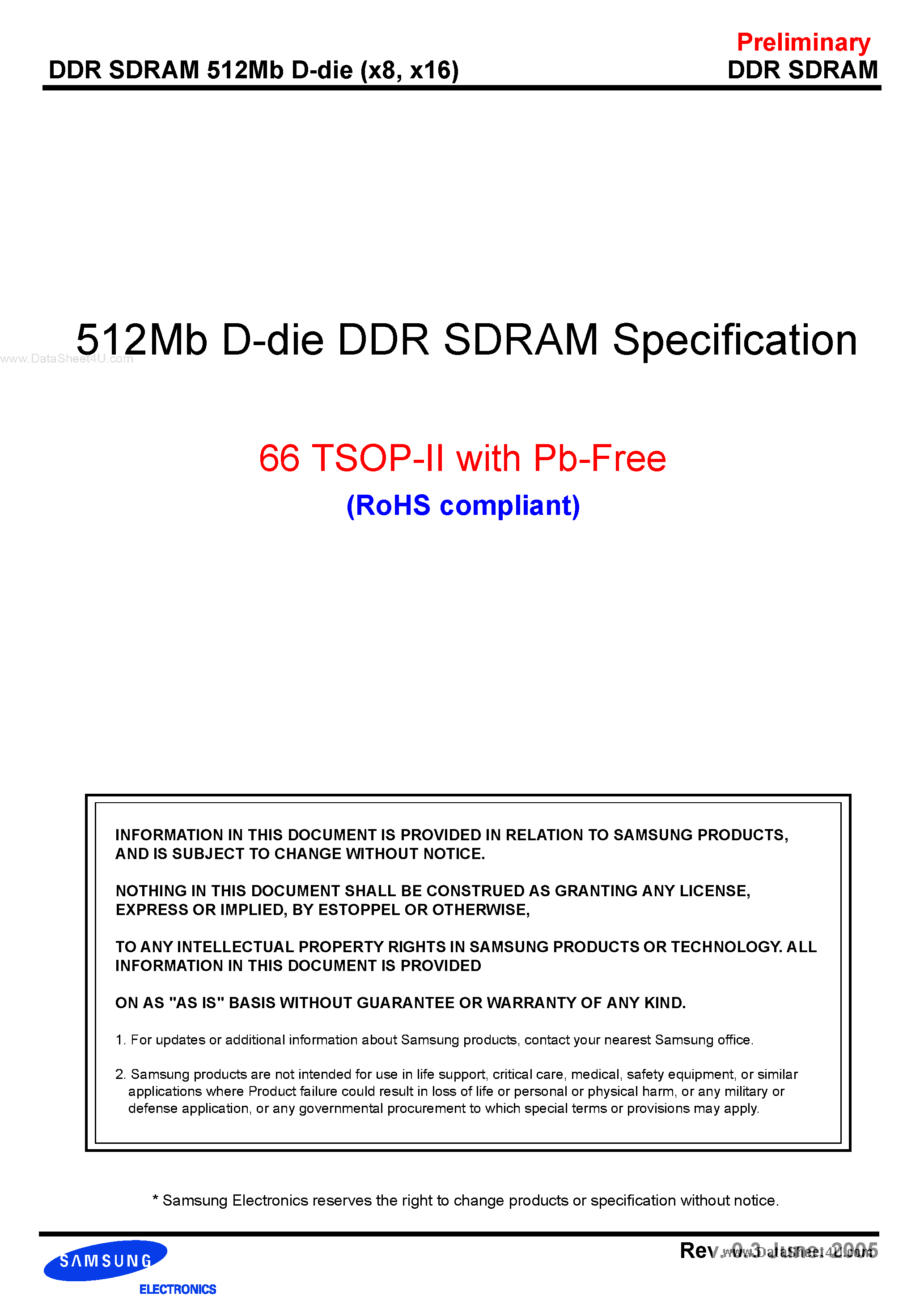 Даташит K4H510838D-LA2 - 512Mb D-die DDR SDRAM Specification 66 TSOP-II страница 1