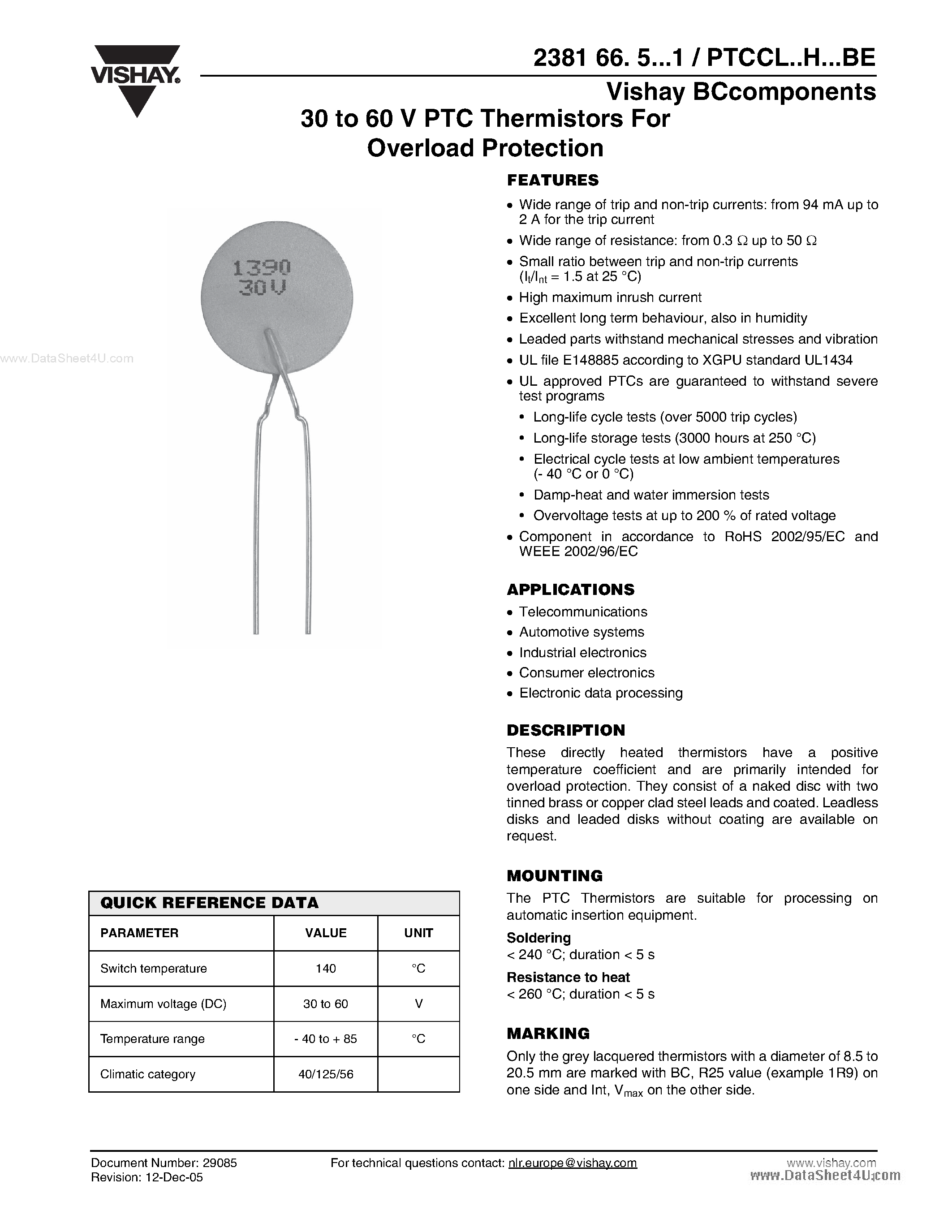 Даташит PTCCLxxHxxx - 30 to 60 V PTC Thermistors страница 1