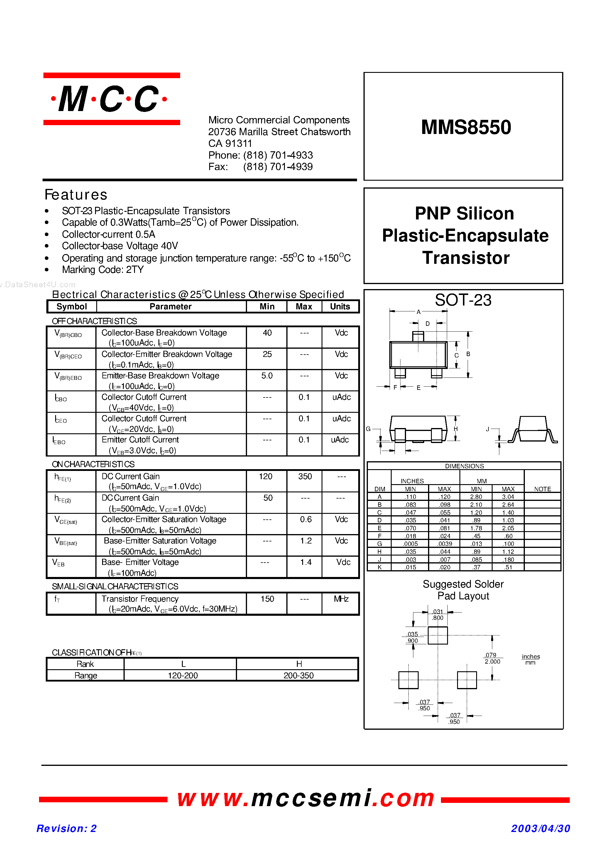 Даташит MMS8550 - SOT-23 Plastic-encapsulate Bipolar Transistors страница 1