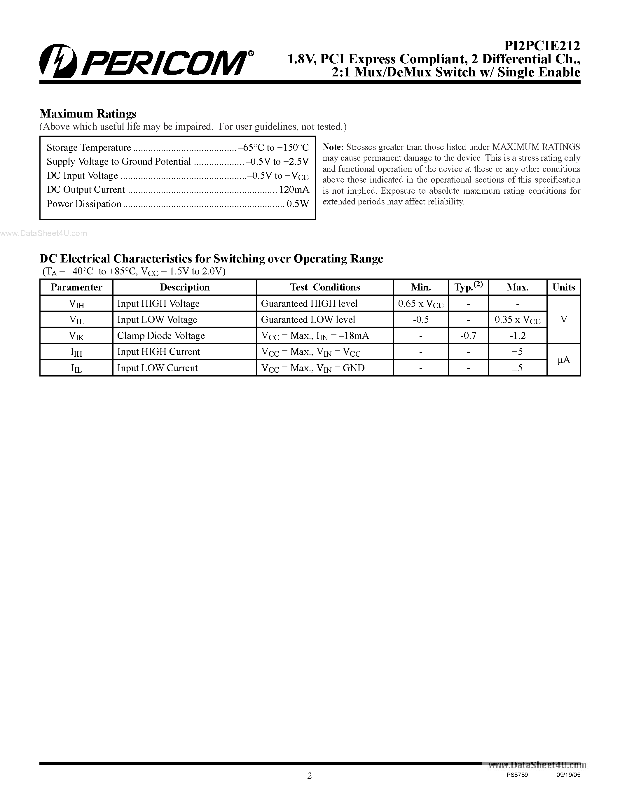 Даташит PI2PCIE212 - 2:1 Mux/DeMux Switch w/ Single Enable страница 2