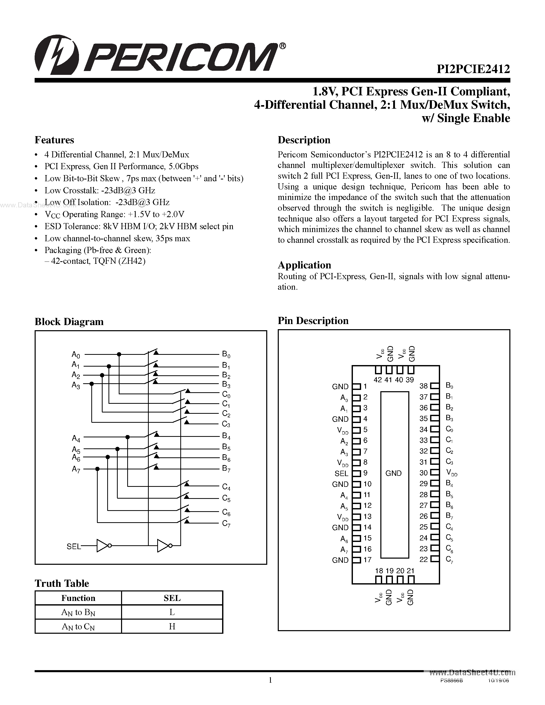 Даташит на микросхему PI2PCIE2412 страница 1 Даташит PI2PCIE2412 - 2:1 Mux/DeMux Switch w/ Single Enable страница 1
