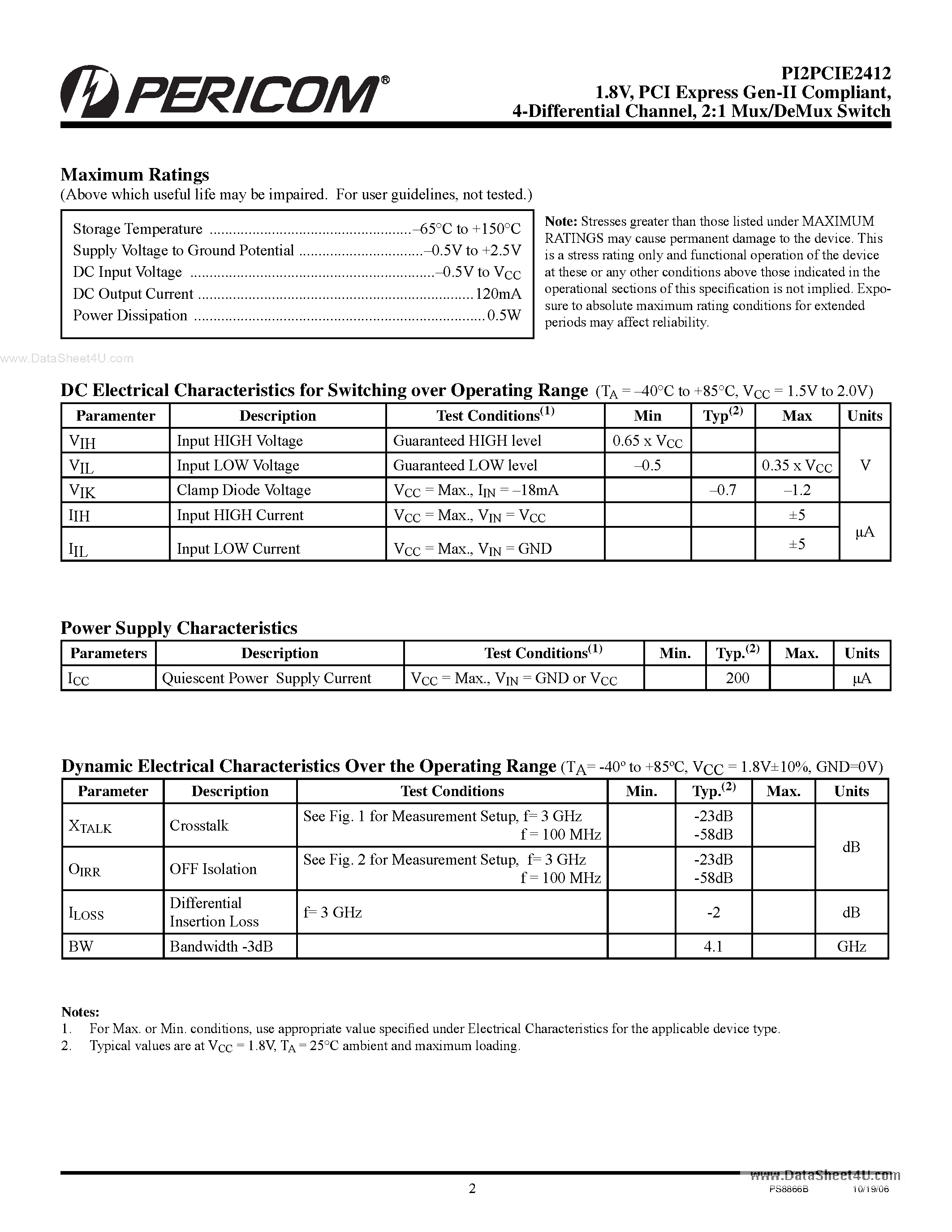 Даташит на микросхему PI2PCIE2412 страница 2 Даташит PI2PCIE2412 - 2:1 Mux/DeMux Switch w/ Single Enable страница 2