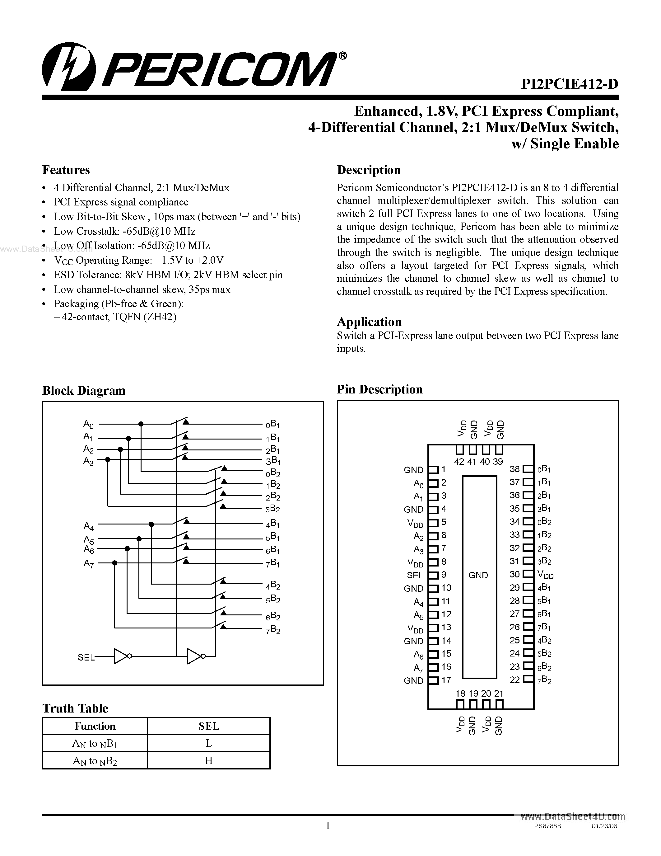 Datasheet PI2PCIE412-D - 2:1 Mux/DeMux Switch page 1
